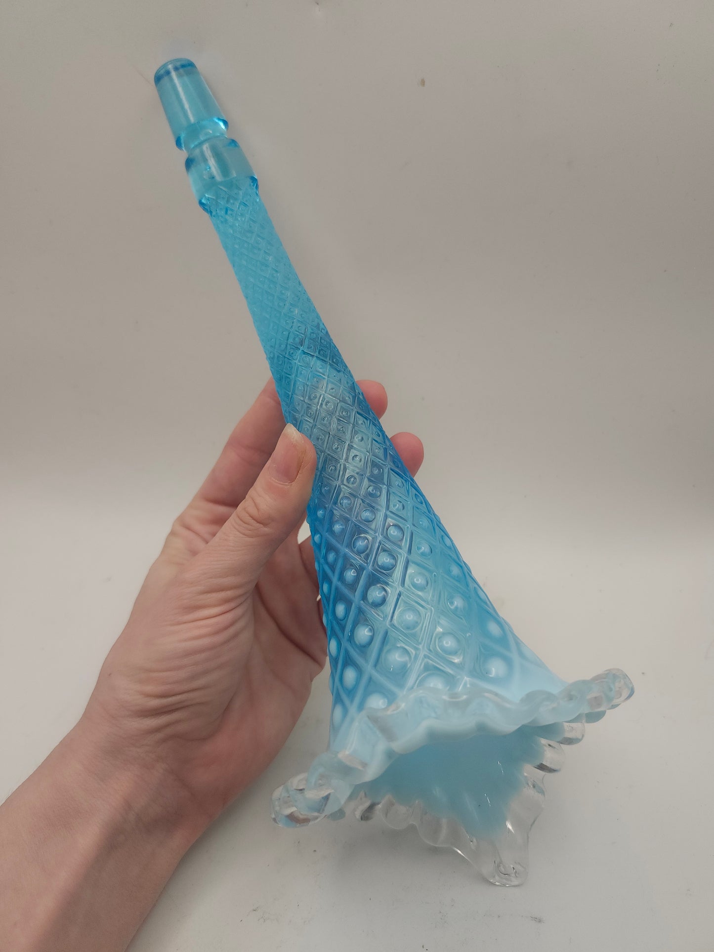 *Fenton* Art Glass "Diamond Lace" Epergene Horn in Opalescent Blue