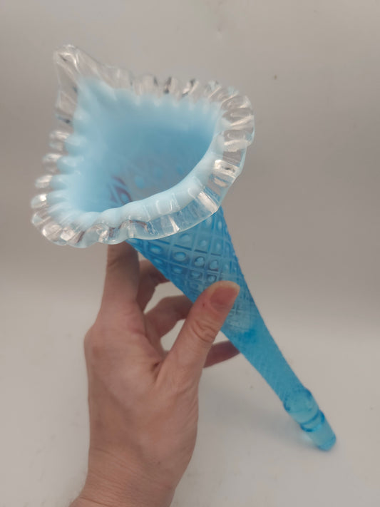 *Fenton* Art Glass "Diamond Lace" Epergene Horn in Opalescent Blue