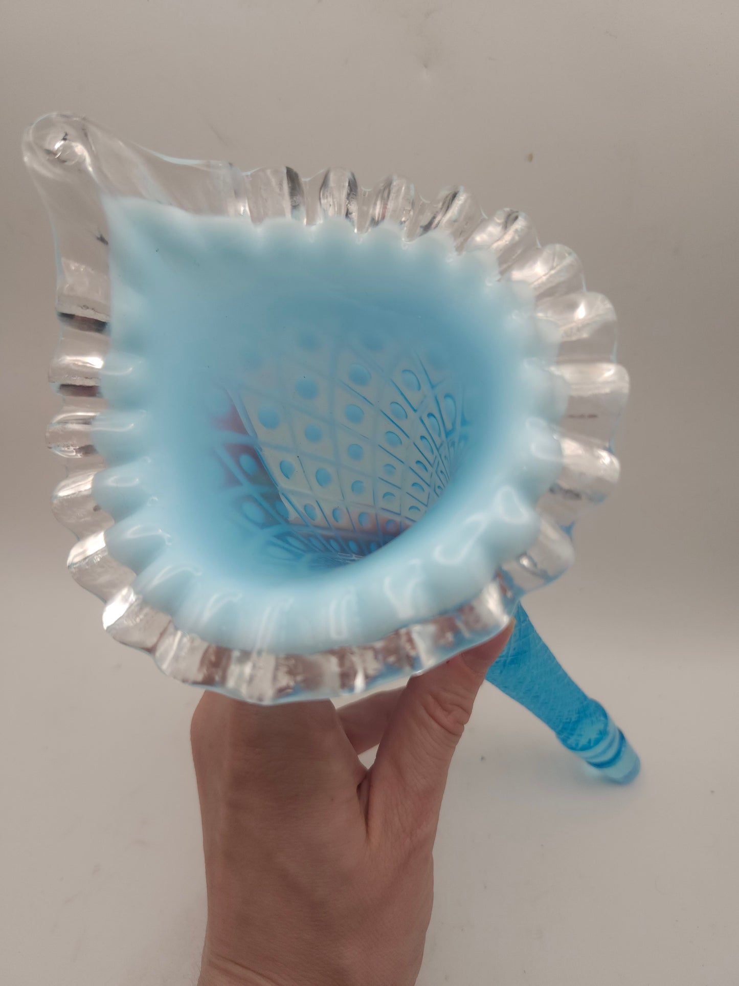 *Fenton* Art Glass "Diamond Lace" Epergene Horn in Opalescent Blue