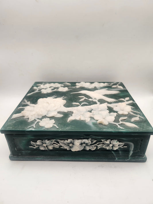 *Incolay* Stone Jewelry Box White Hummingbird Cameo on Green Finish