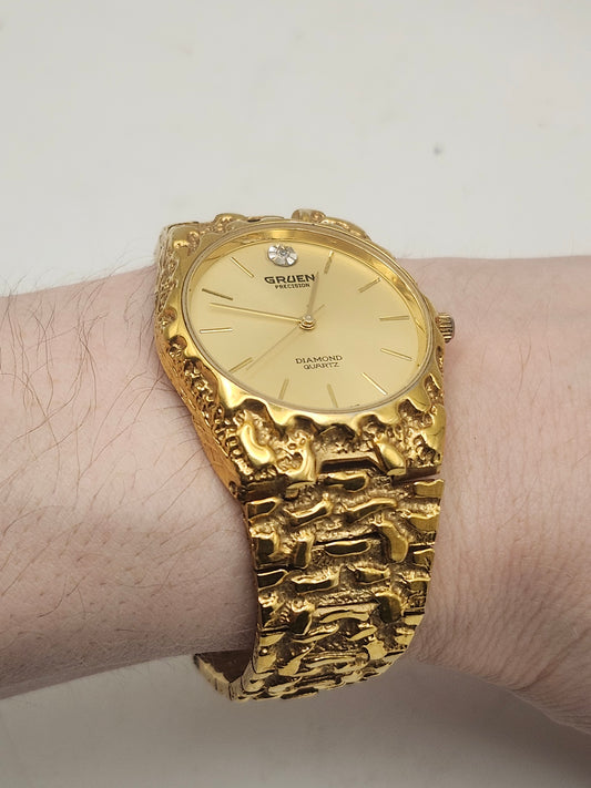 *14K Yellow Gold-Plated* Diamond Precision Gruen Gold Nugget Watch