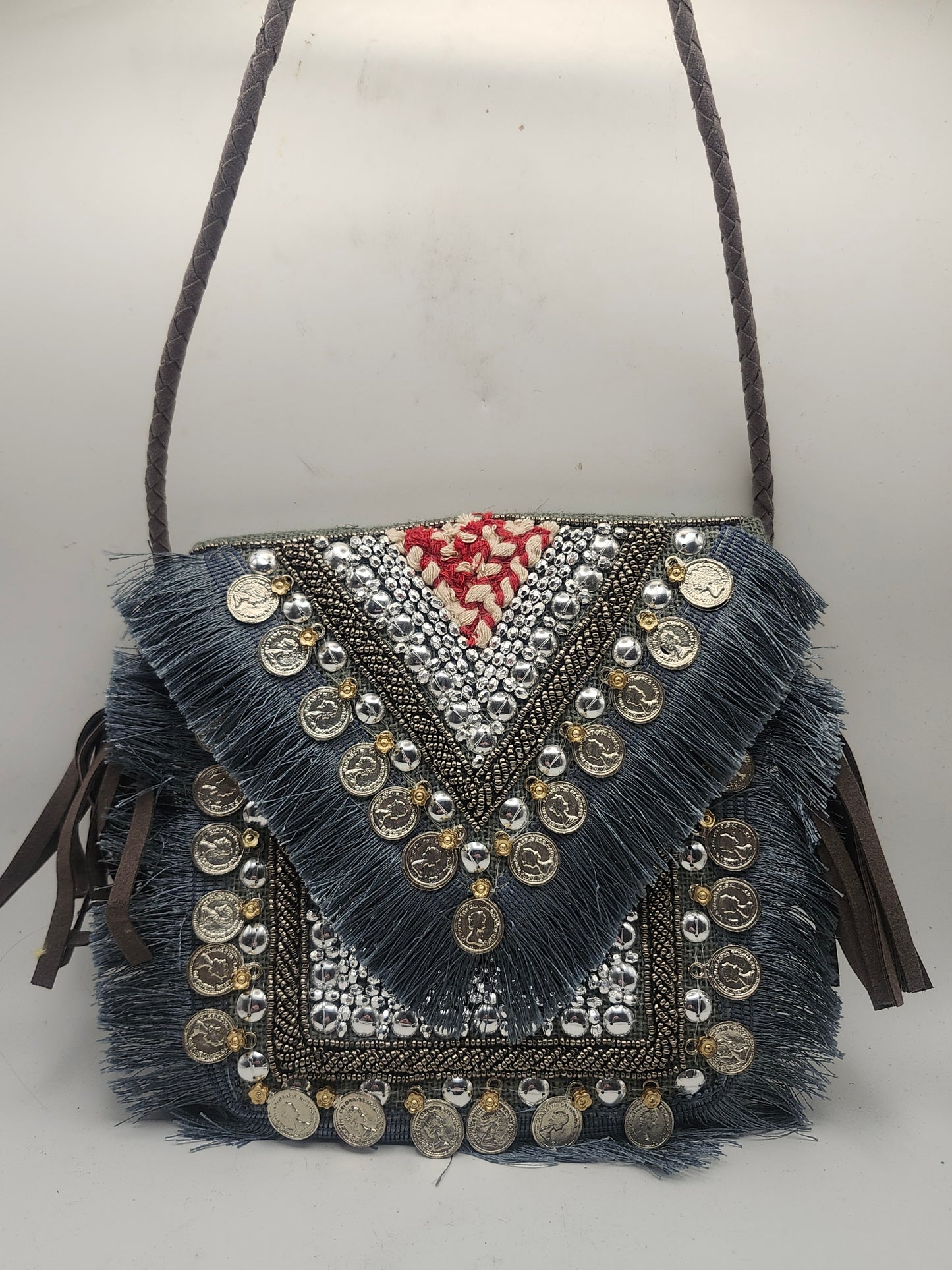 *Boho* Hand-Embellished Embroidery Bag with Coin Details
