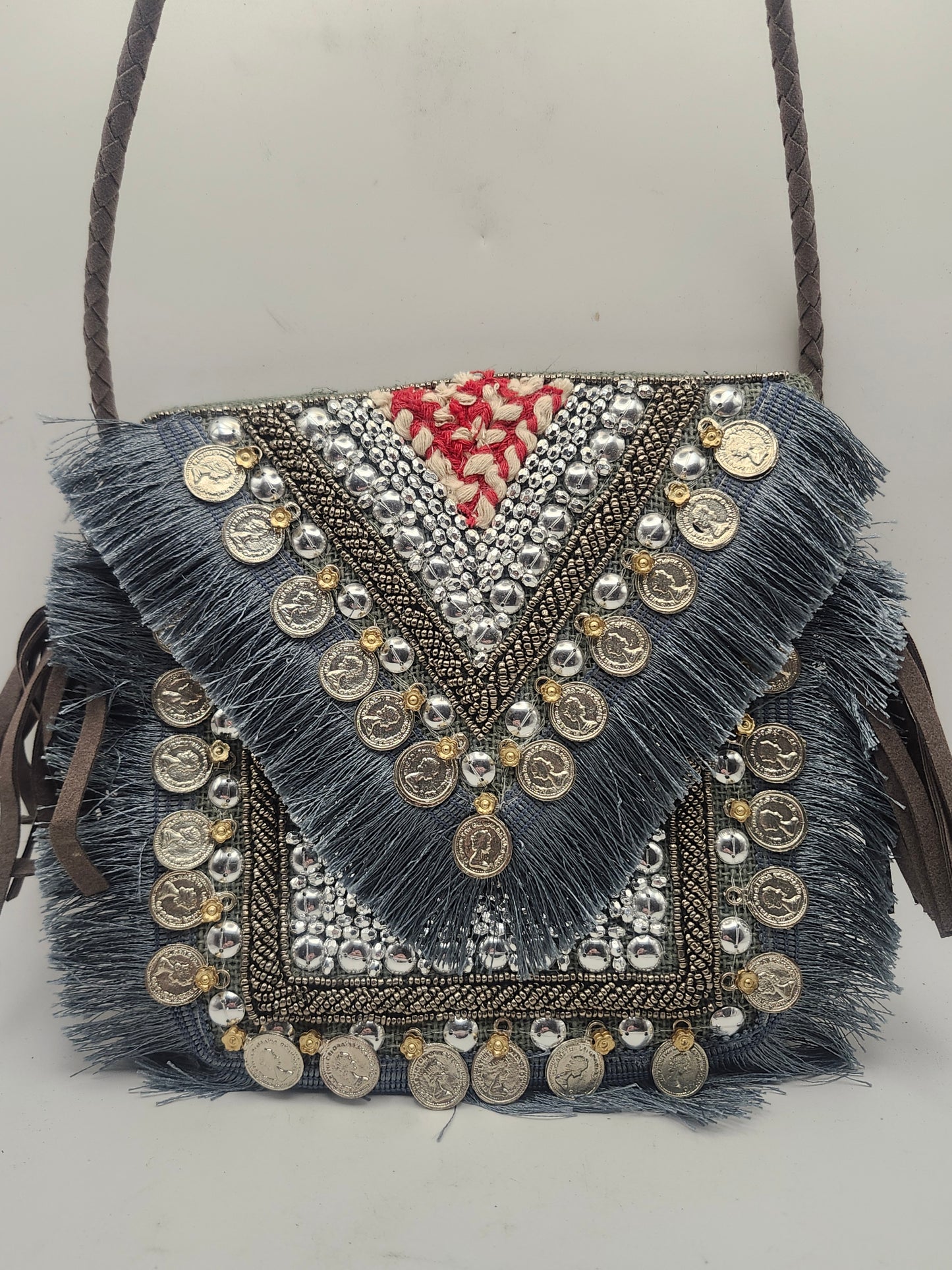 *Boho* Hand-Embellished Embroidery Bag with Coin Details