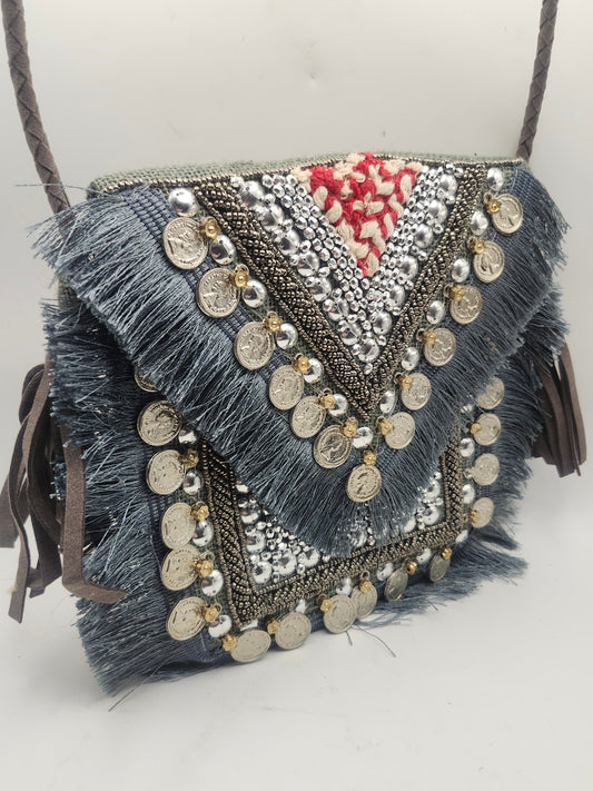 *Boho* Hand-Embellished Embroidery Bag with Coin Details
