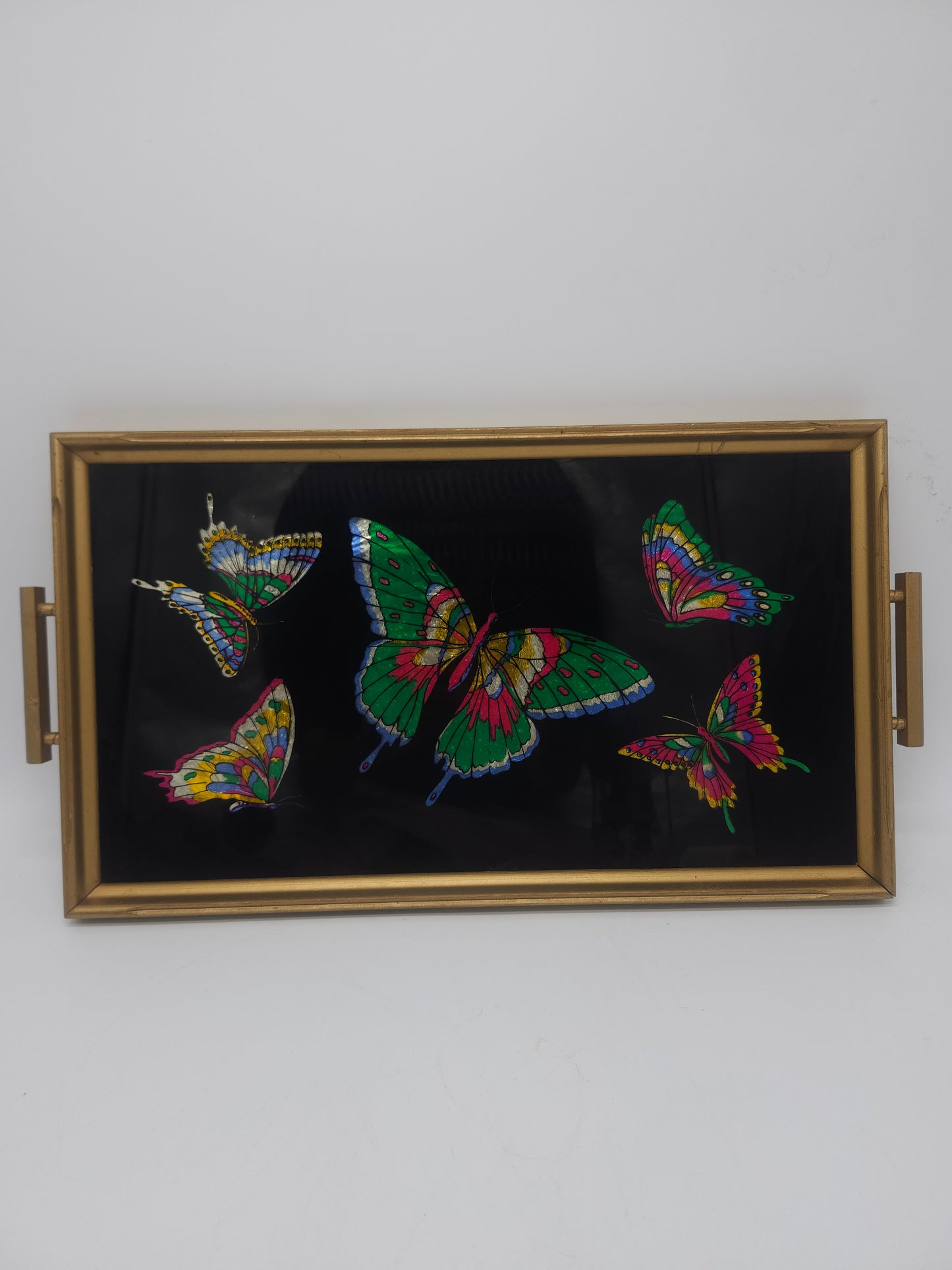 *MCM* Rainbow Foil Butterflies on Gilded Glass Tray