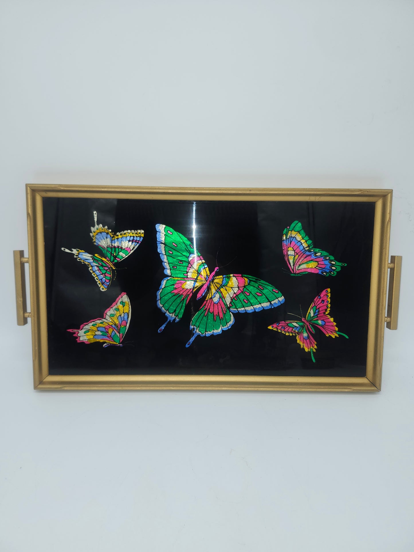*MCM* Rainbow Foil Butterflies on Gilded Glass Tray