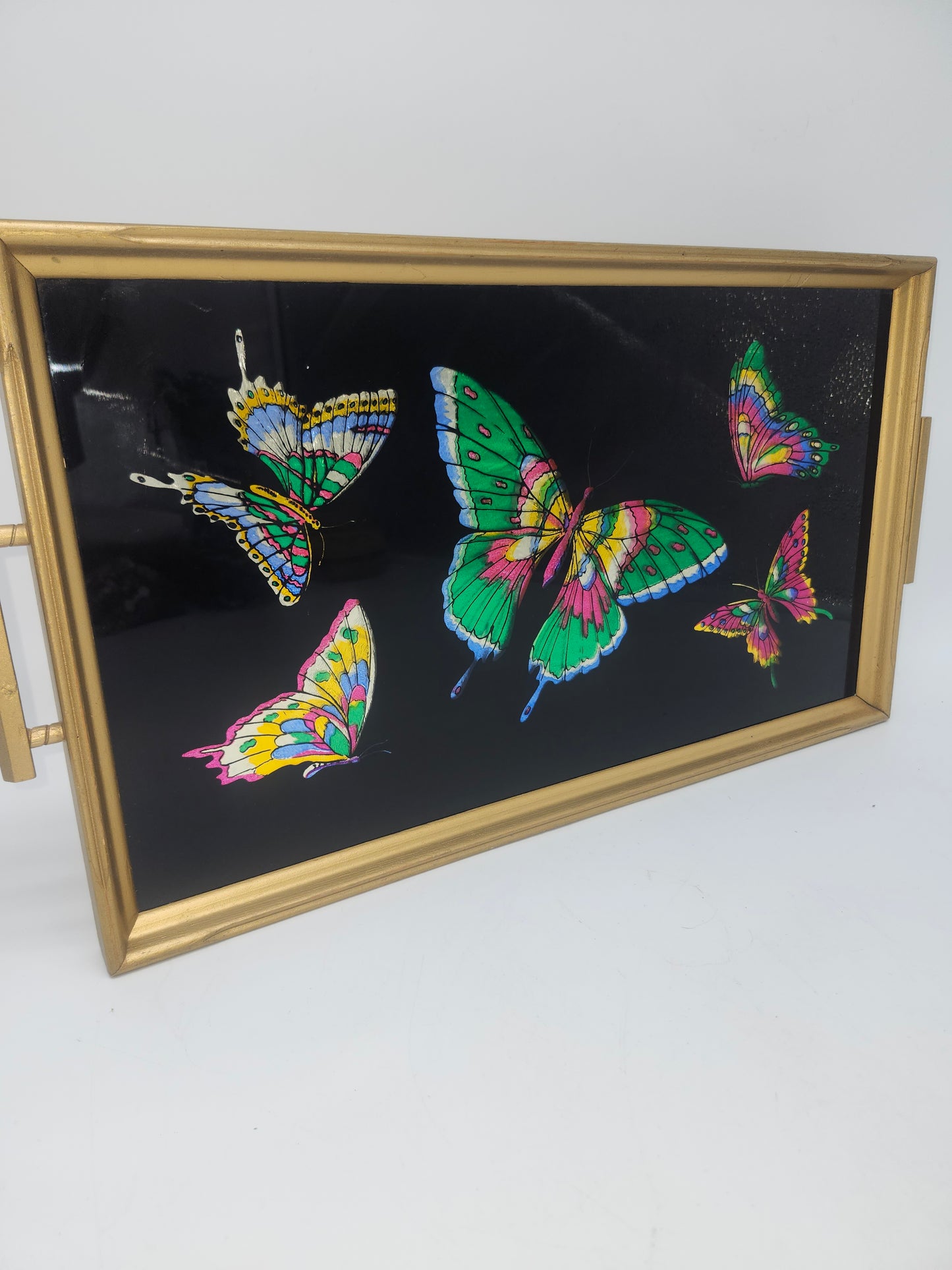 *MCM* Rainbow Foil Butterflies on Gilded Glass Tray