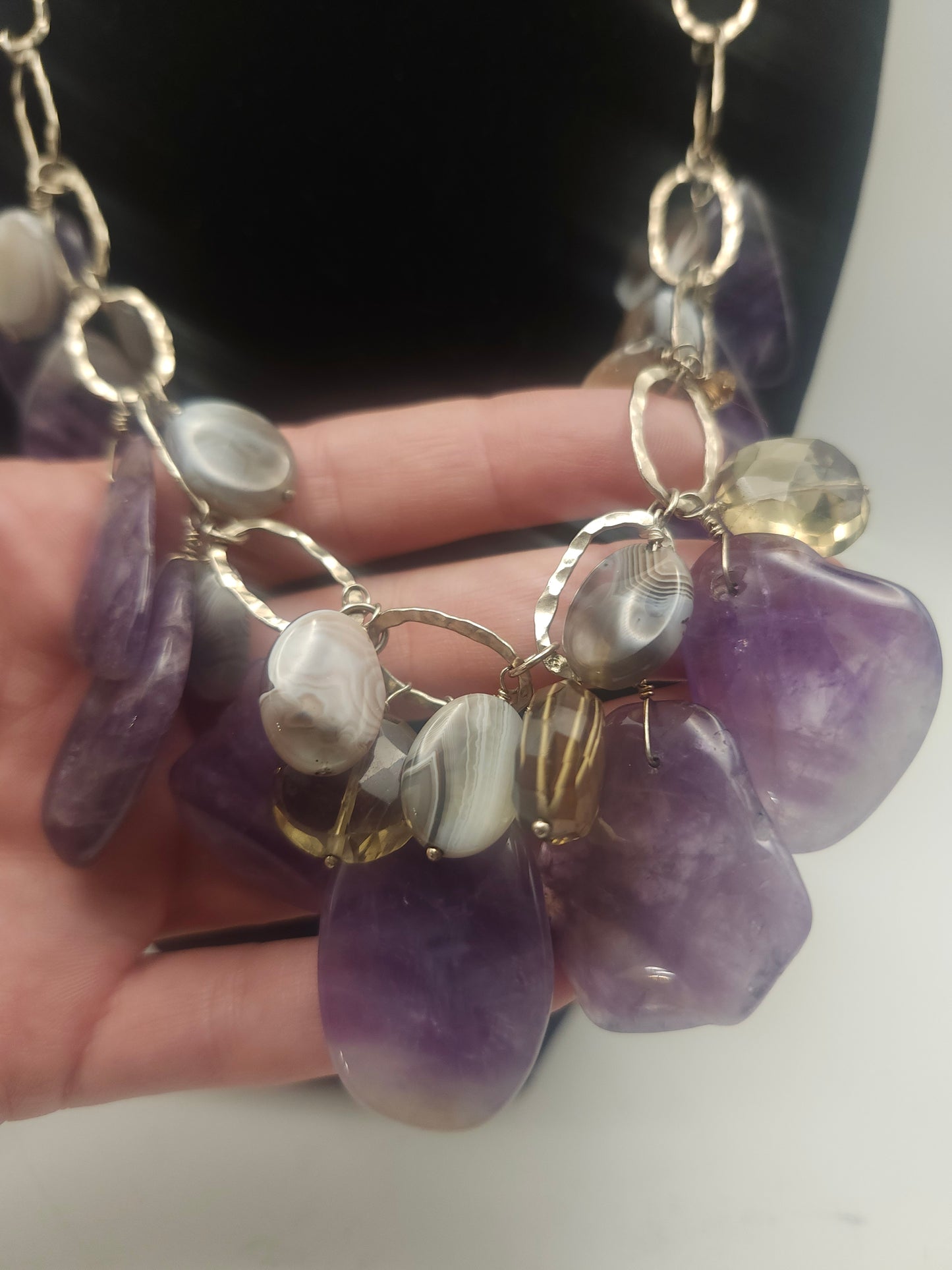 *925* Silver-Plated Multi-Gemstone Statement Dangle Necklace
