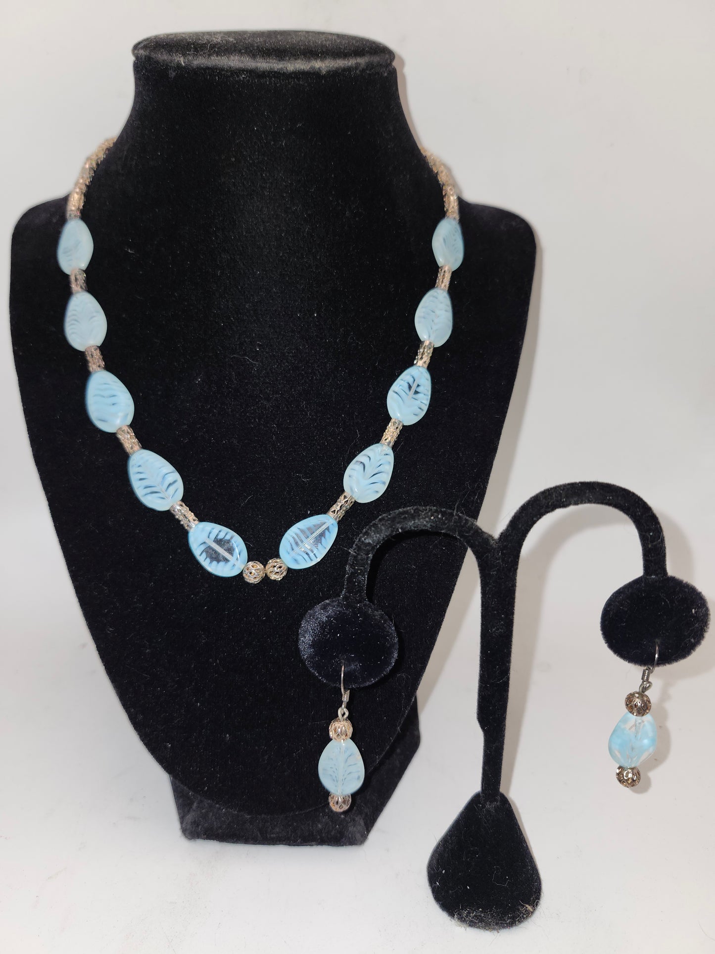 -925- Sterling Czech Art Glass Statement Necklace & Dangle Earrings Matching Set