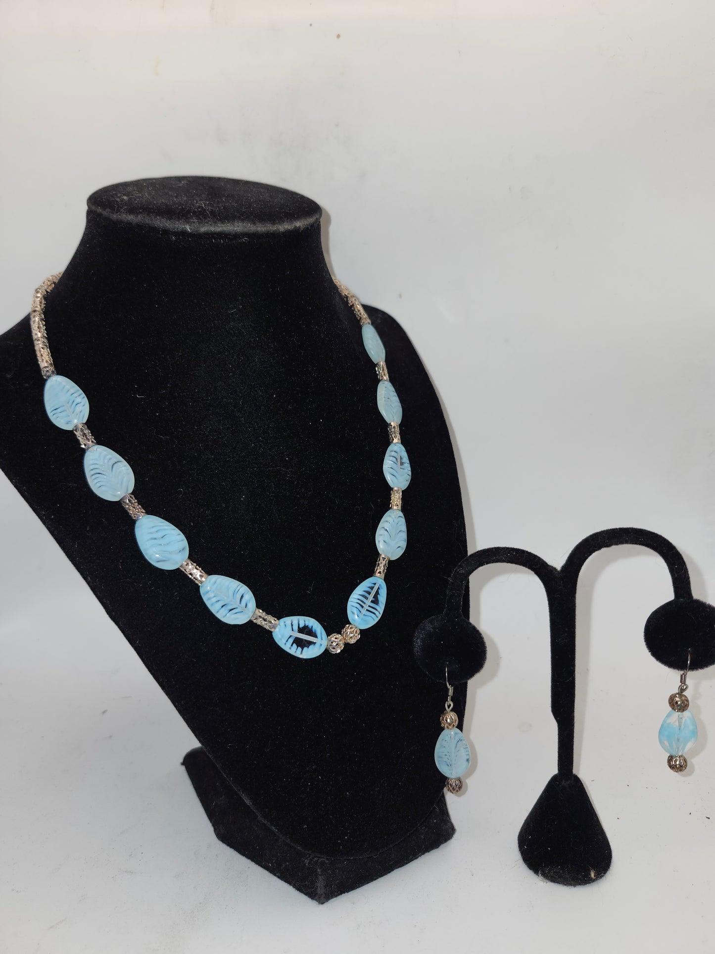 -925- Sterling Czech Art Glass Statement Necklace & Dangle Earrings Matching Set