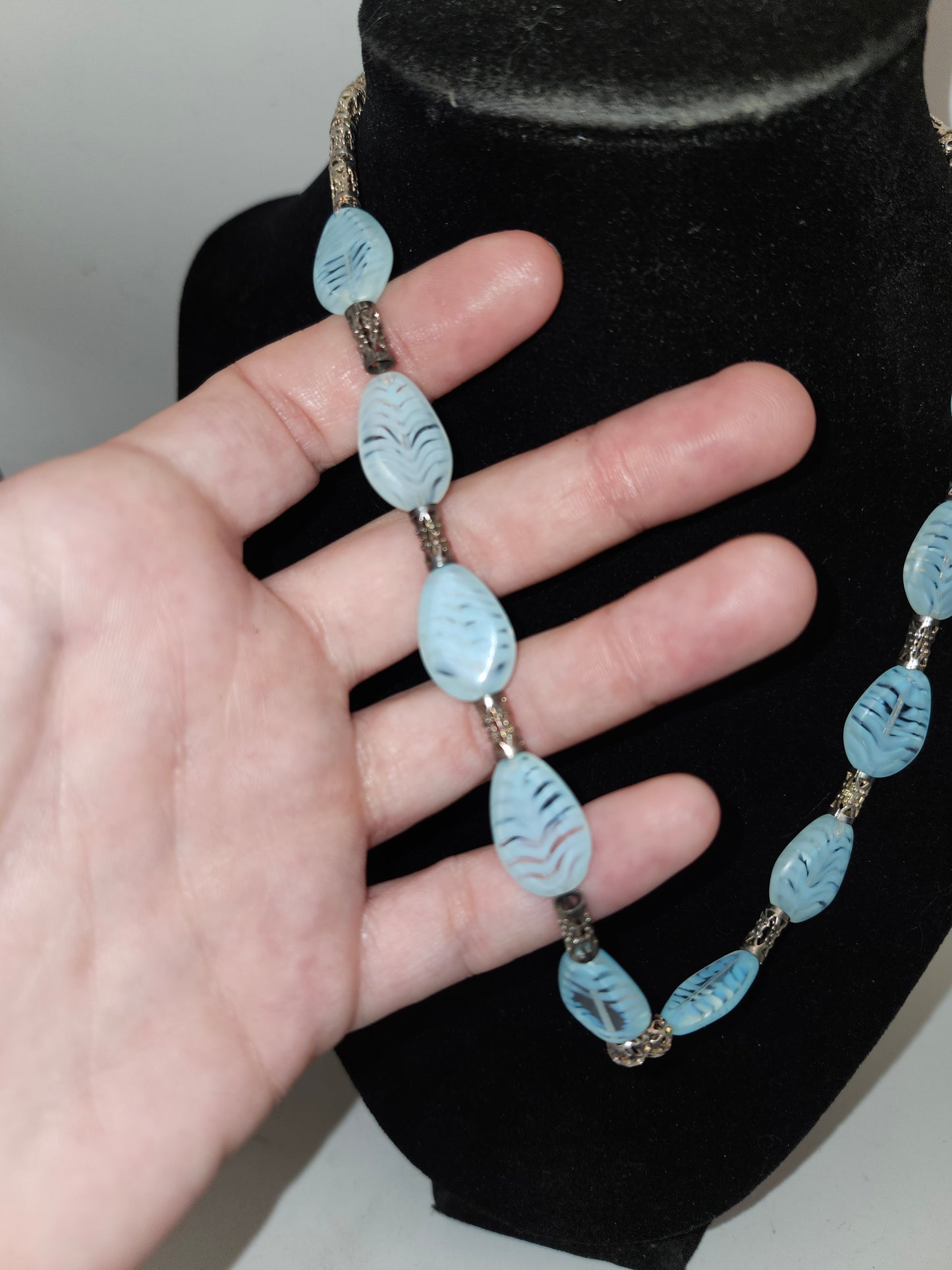 -925- Sterling Czech Art Glass Statement Necklace & Dangle Earrings Matching Set