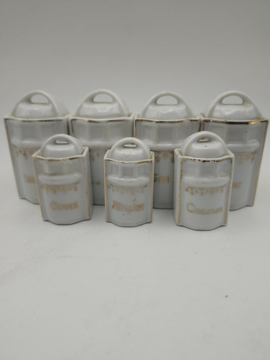 Antique German Lusterware Porcelain Mini Spice Jars Set of 7