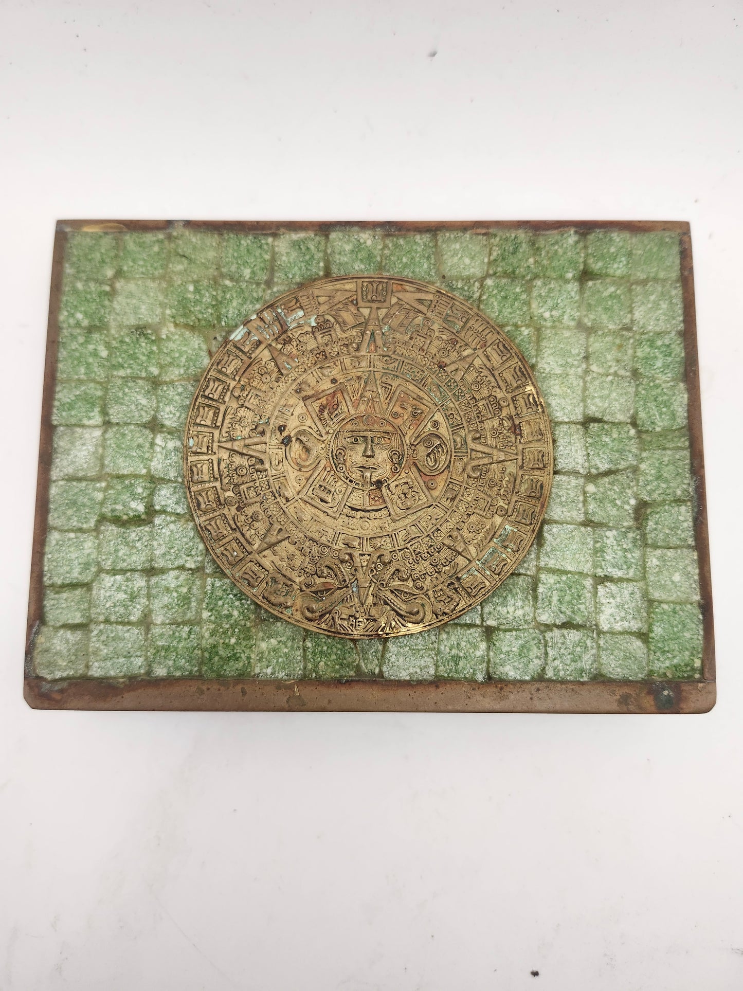 *Pepe Mendoza* Hand Made Inlaid Stone & Brass Aztec Calendar Jewelry / Trinket Box