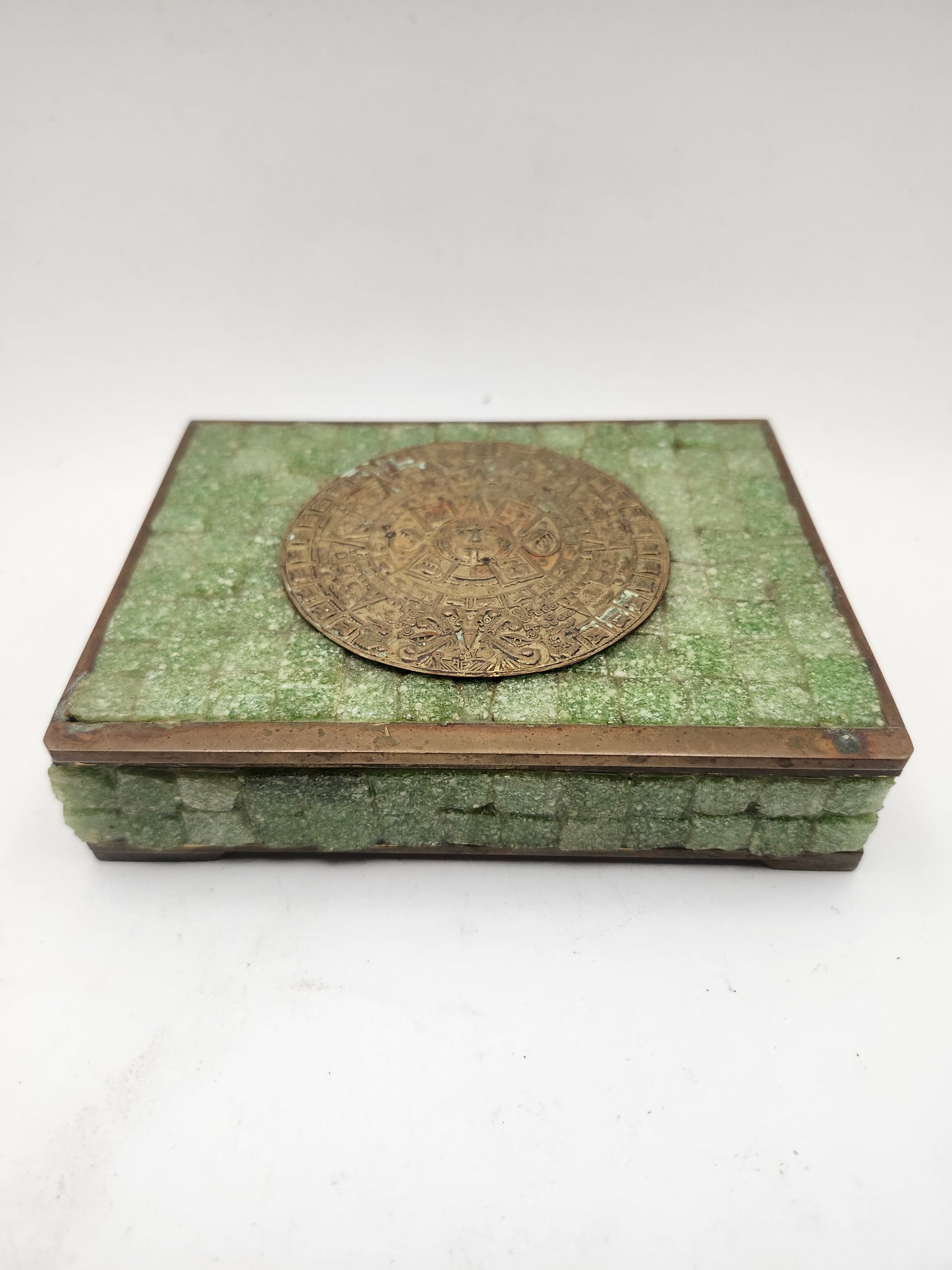 *Pepe Mendoza* Hand Made Inlaid Stone & Brass Aztec Calendar Jewelry / Trinket Box