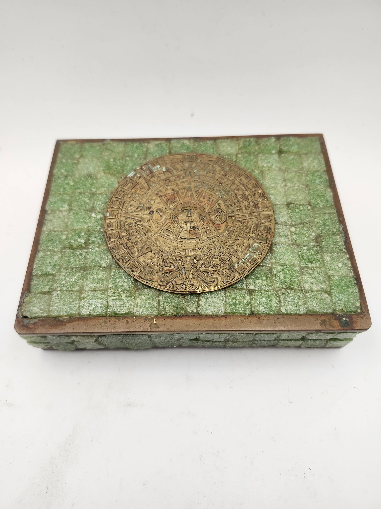 *Pepe Mendoza* Hand Made Inlaid Stone & Brass Aztec Calendar Jewelry / Trinket Box