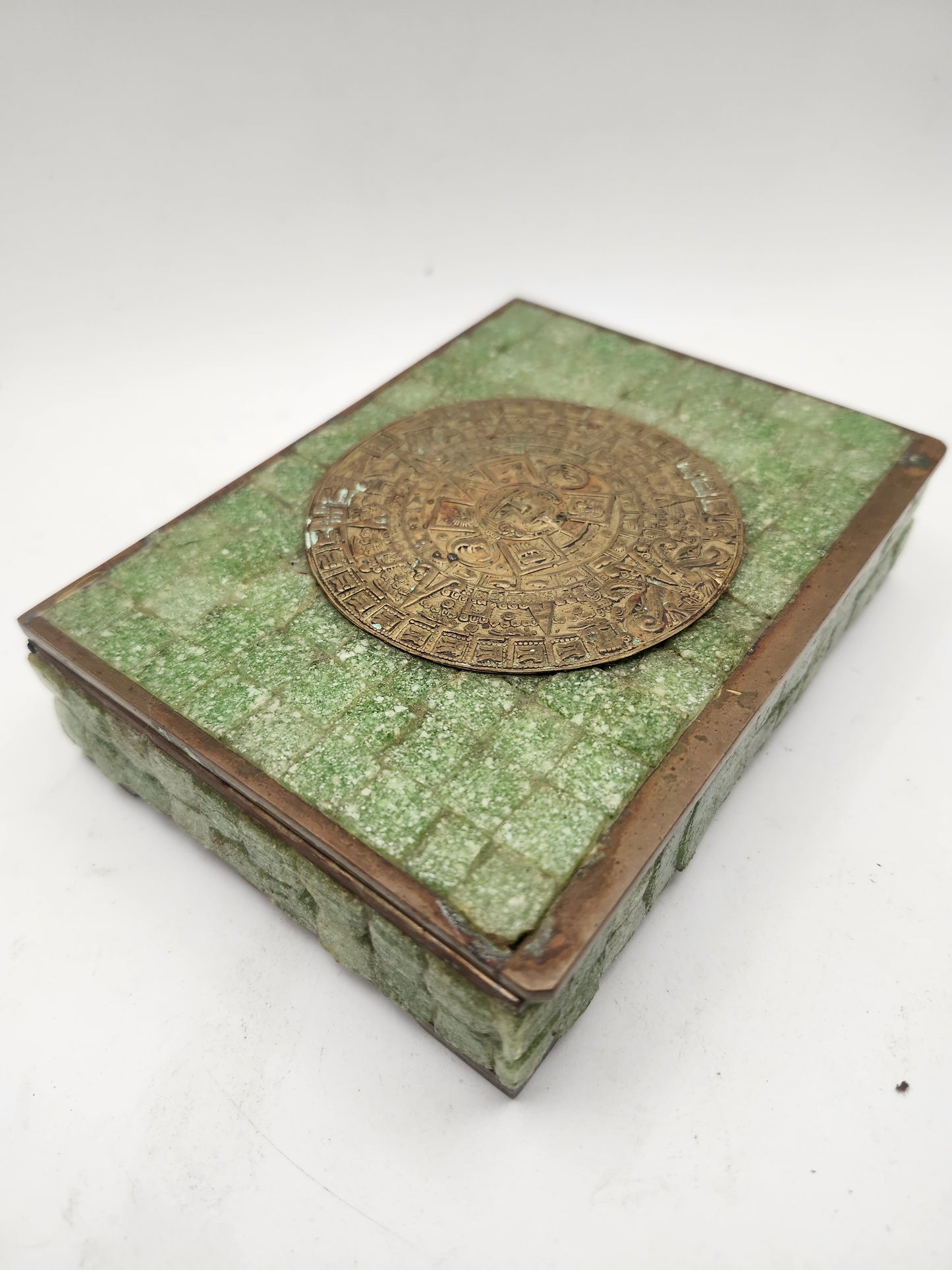 *Pepe Mendoza* Hand Made Inlaid Stone & Brass Aztec Calendar Jewelry / Trinket Box