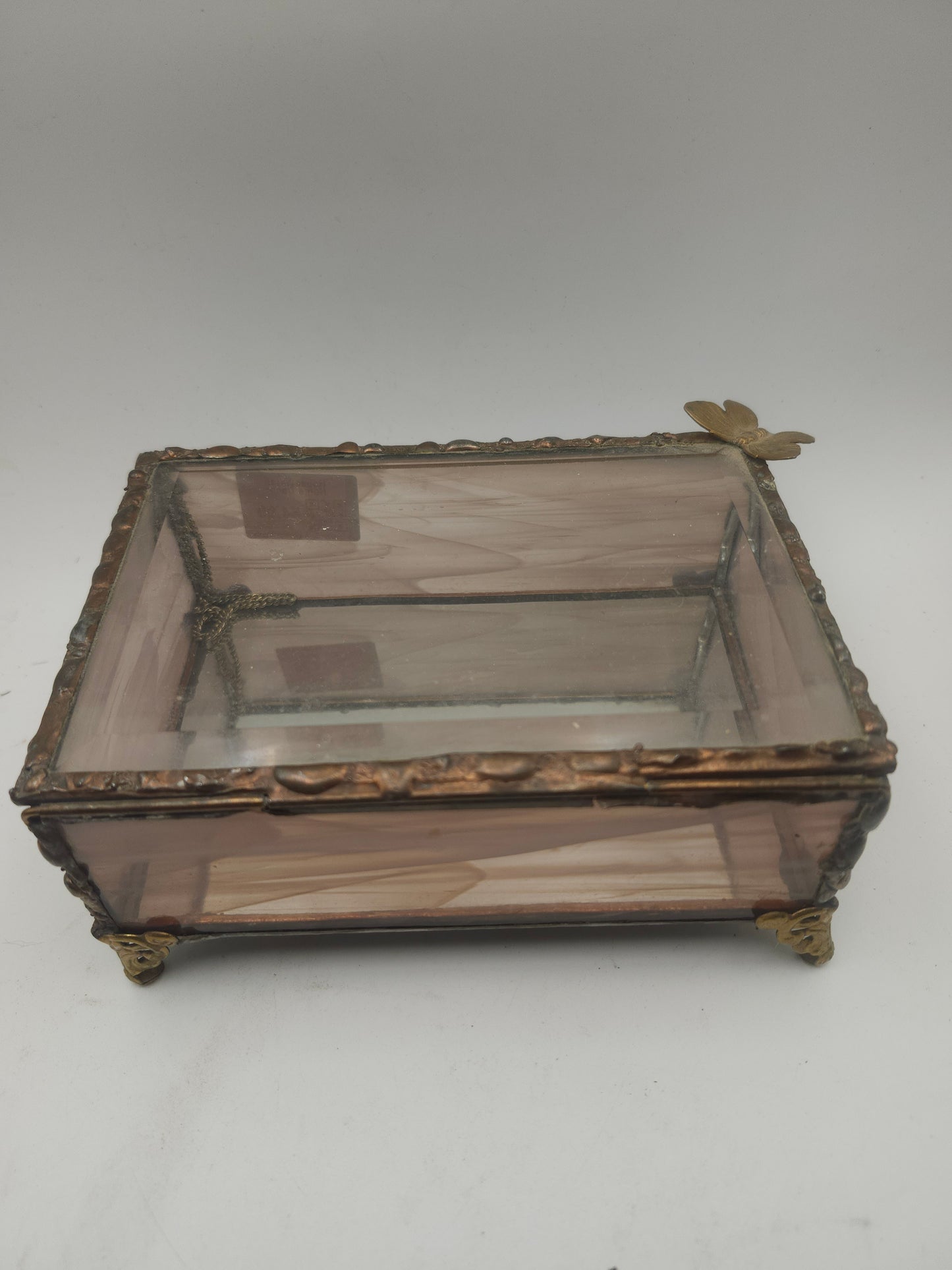*Keepsake* Jewelry Box with Bevel-Cut Stained Glass, Brass & Butterfly Accent