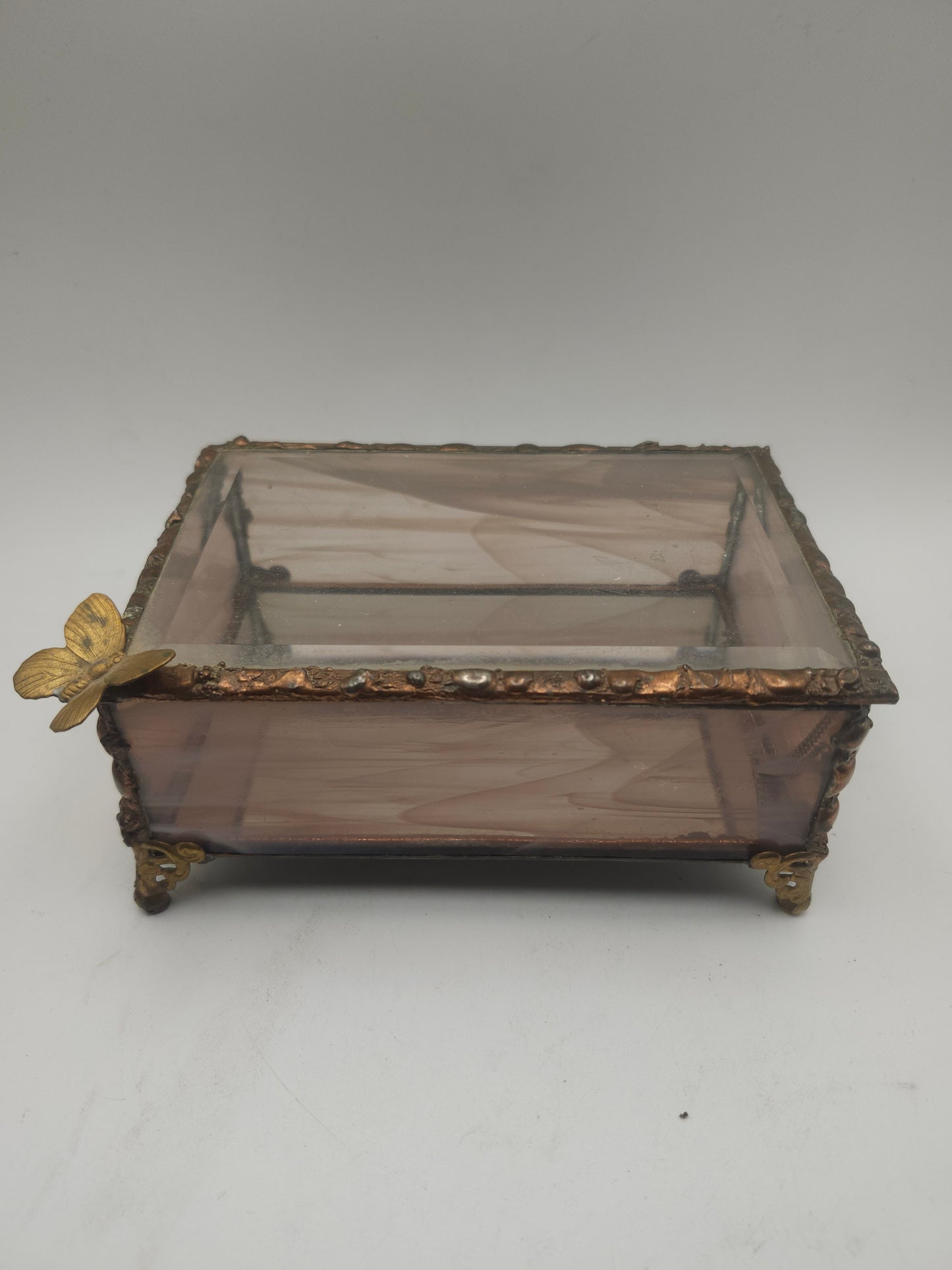 *Keepsake* Jewelry Box with Bevel-Cut Stained Glass, Brass & Butterfly Accent