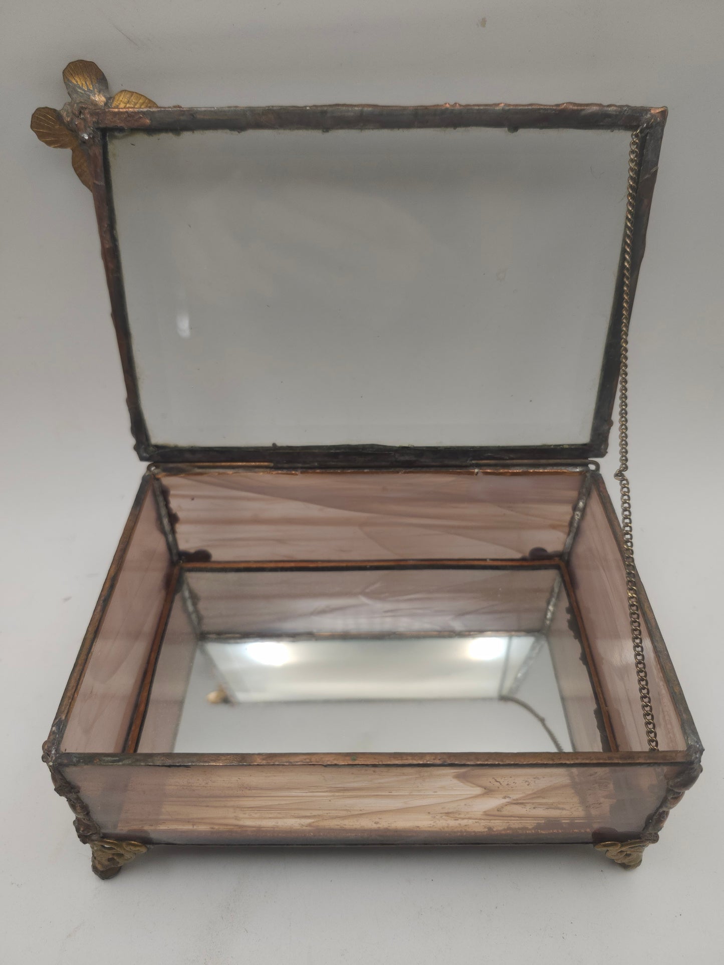 *Keepsake* Jewelry Box with Bevel-Cut Stained Glass, Brass & Butterfly Accent