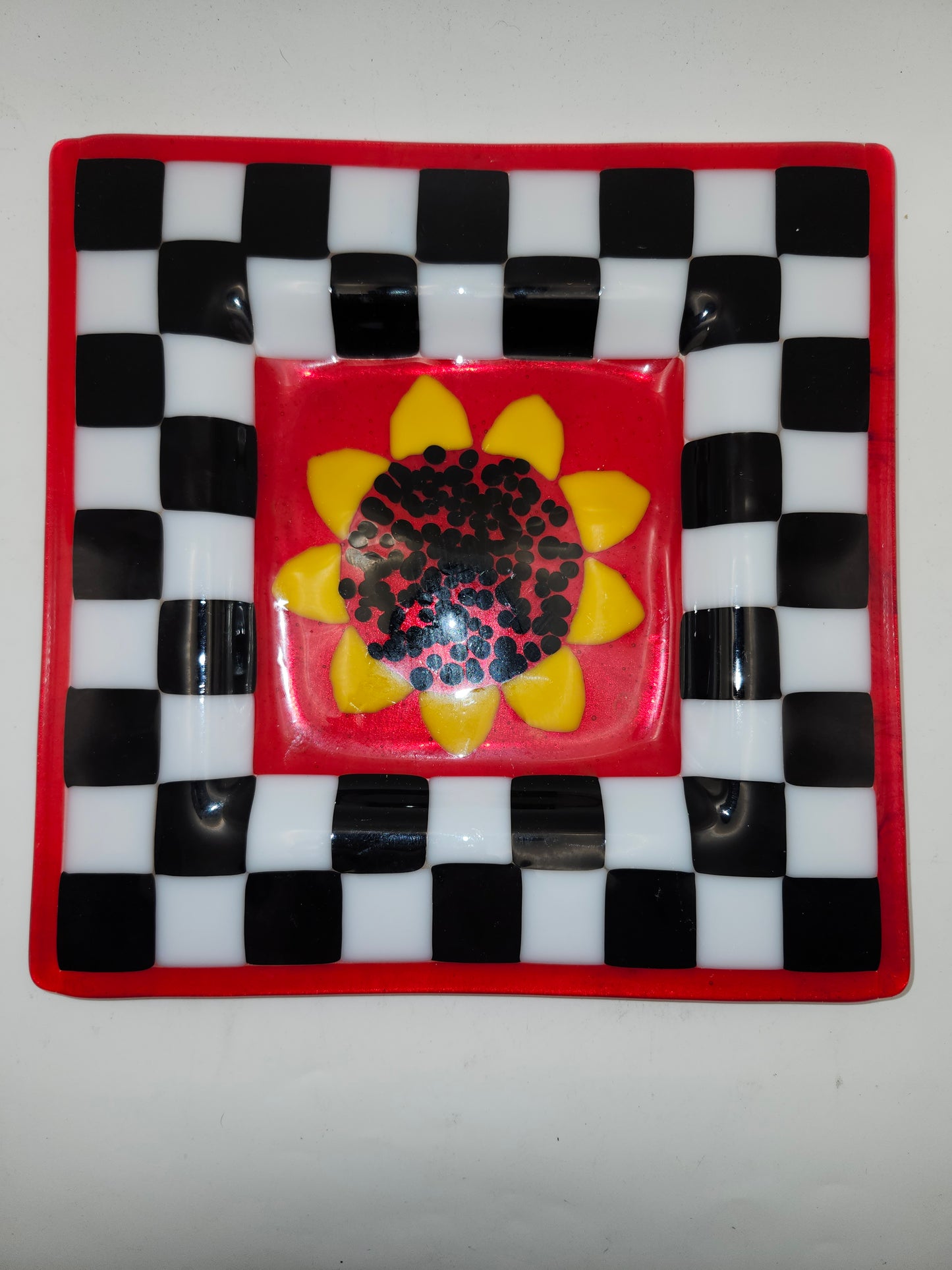 ~Art Glas~ Checkerboard Sunflower Handmade Glass Plate