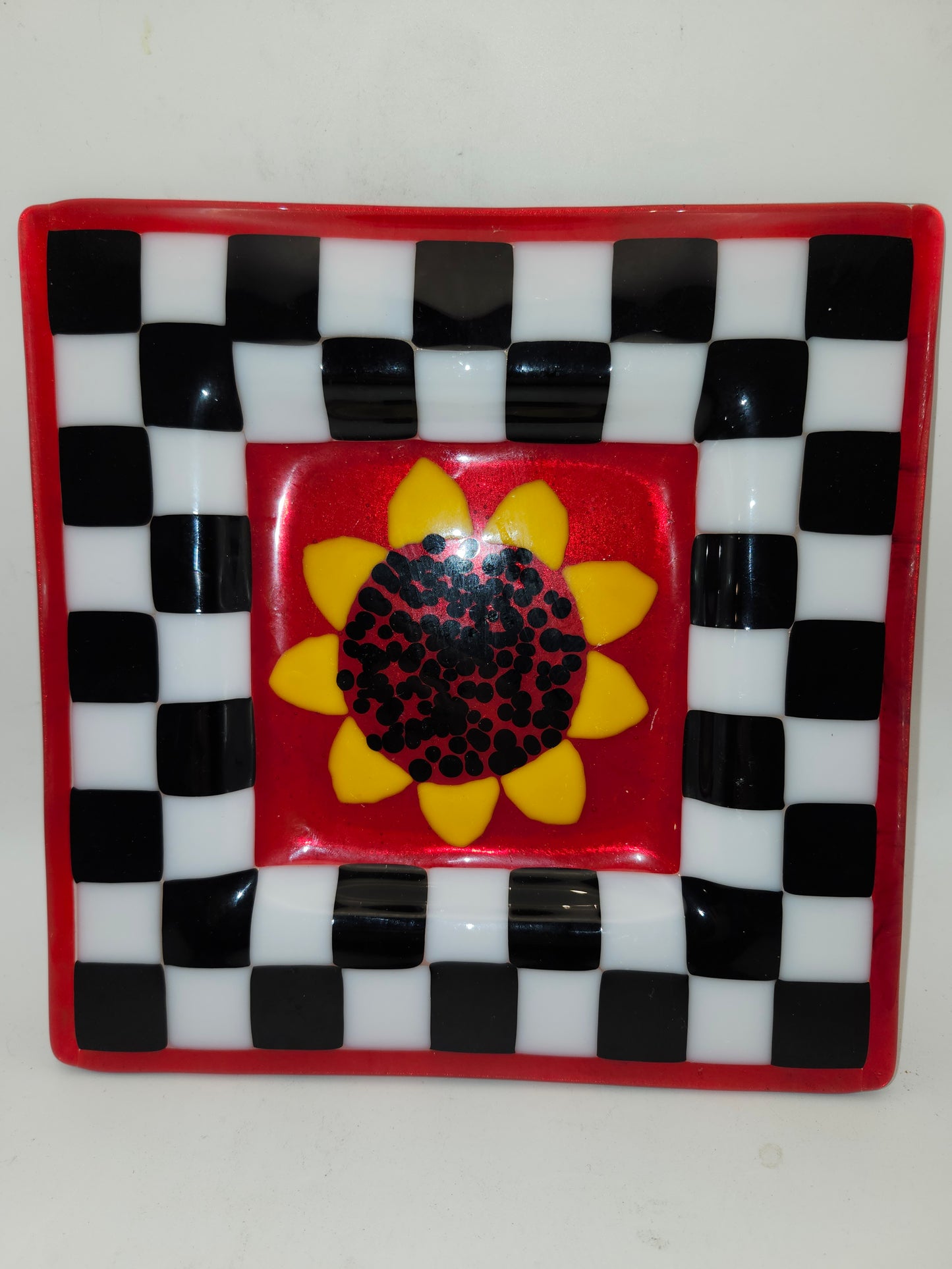 ~Art Glas~ Checkerboard Sunflower Handmade Glass Plate