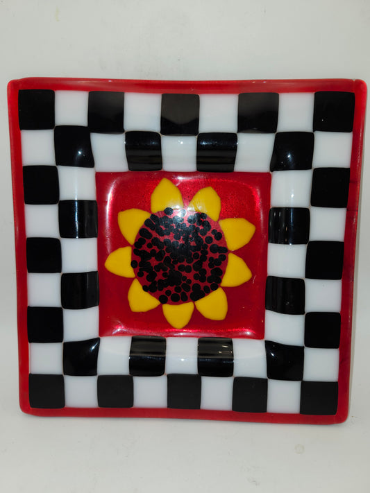 ~Art Glas~ Checkerboard Sunflower Handmade Glass Plate