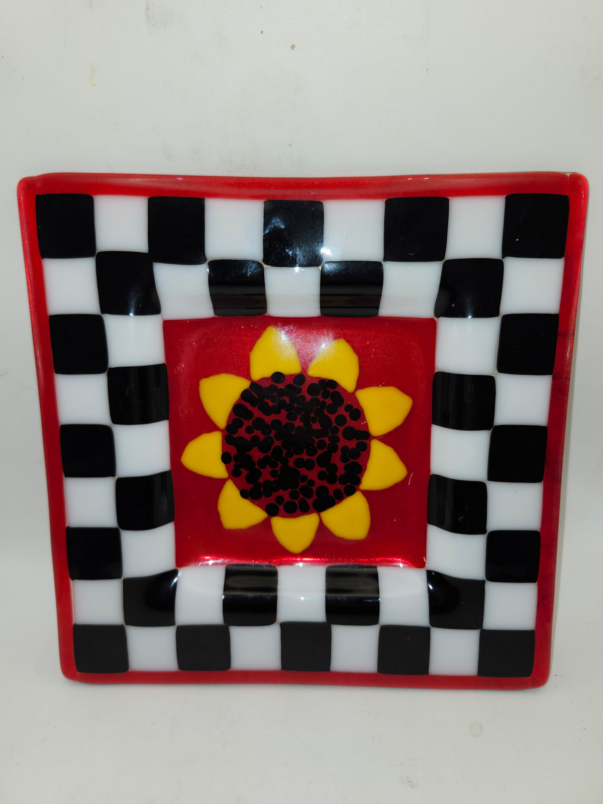 ~Art Glas~ Checkerboard Sunflower Handmade Glass Plate