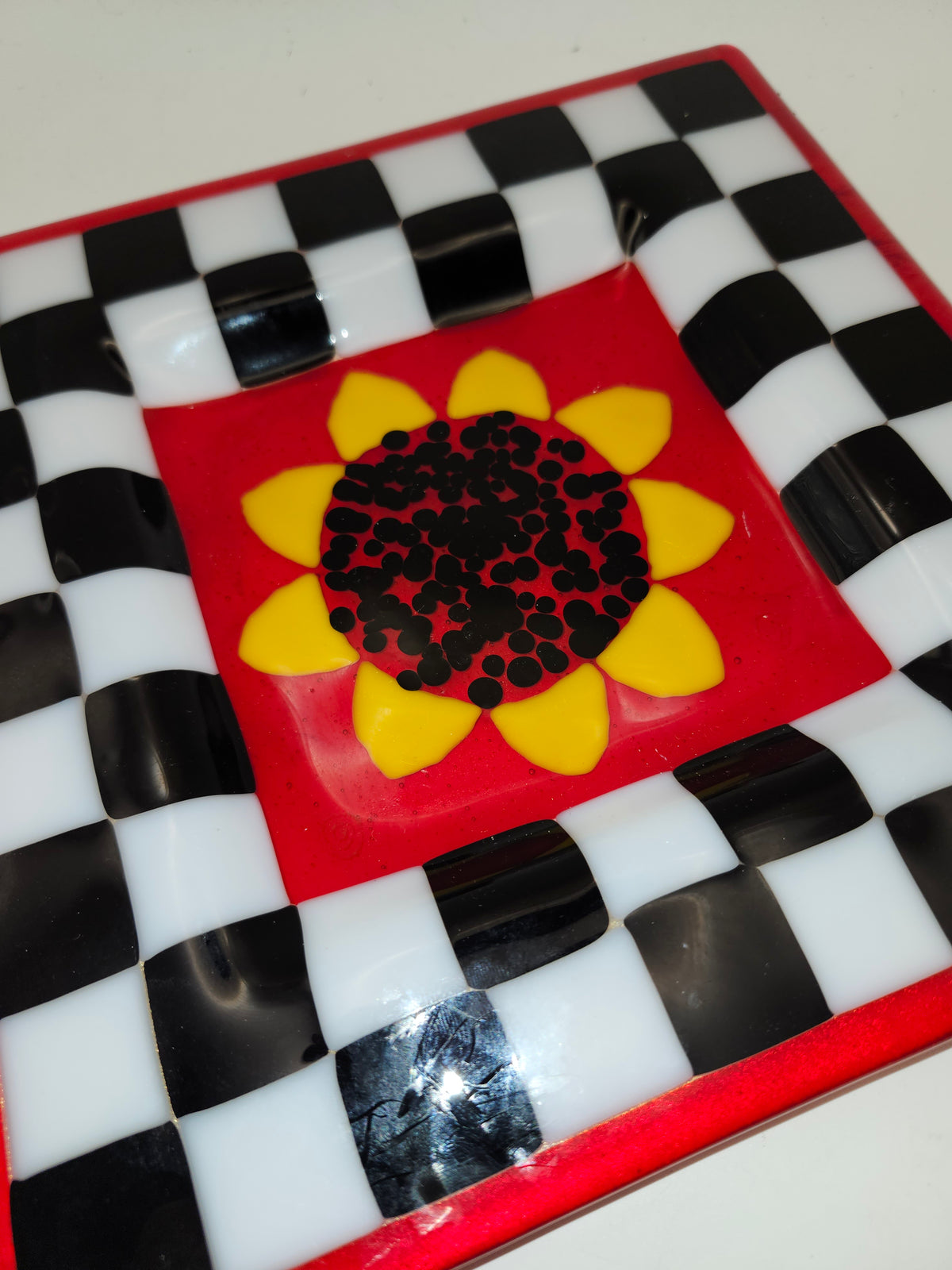 ~Art Glas~ Checkerboard Sunflower Handmade Glass Plate
