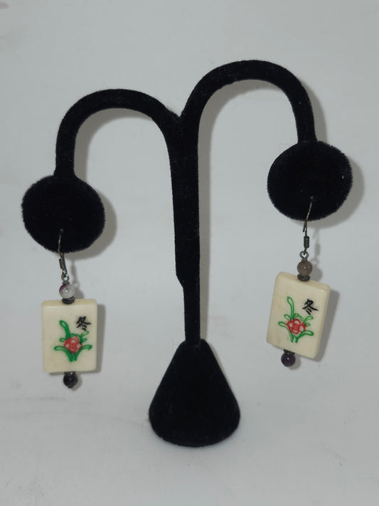 -925- Sterling, Gemstone & Carved Bone Mah Jong Tile Dangle Earrings
