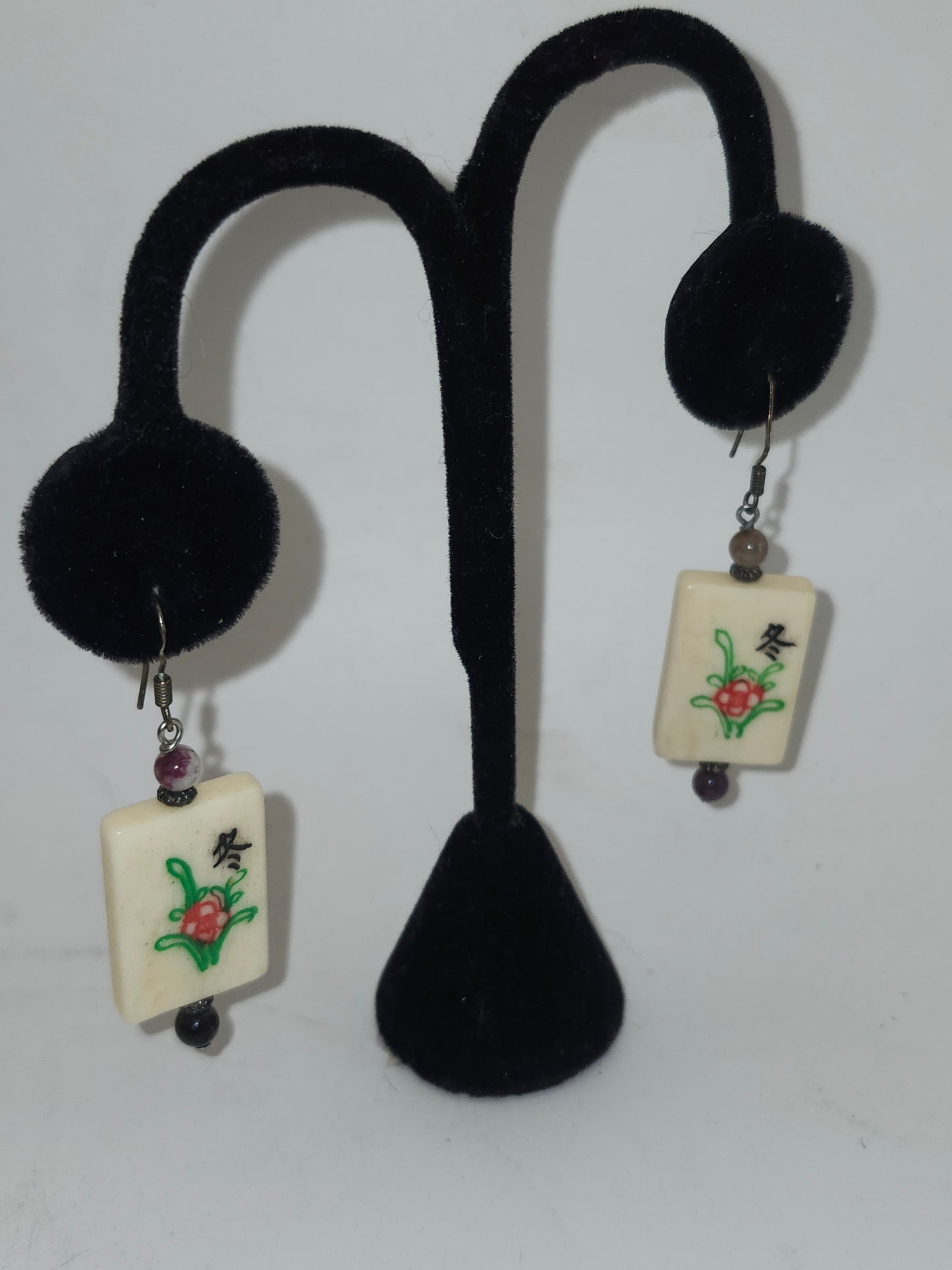 -925- Sterling, Gemstone & Carved Bone Mah Jong Tile Dangle Earrings