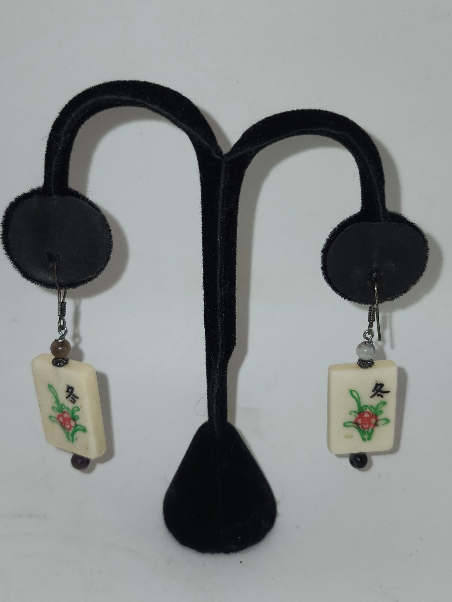 -925- Sterling, Gemstone & Carved Bone Mah Jong Tile Dangle Earrings