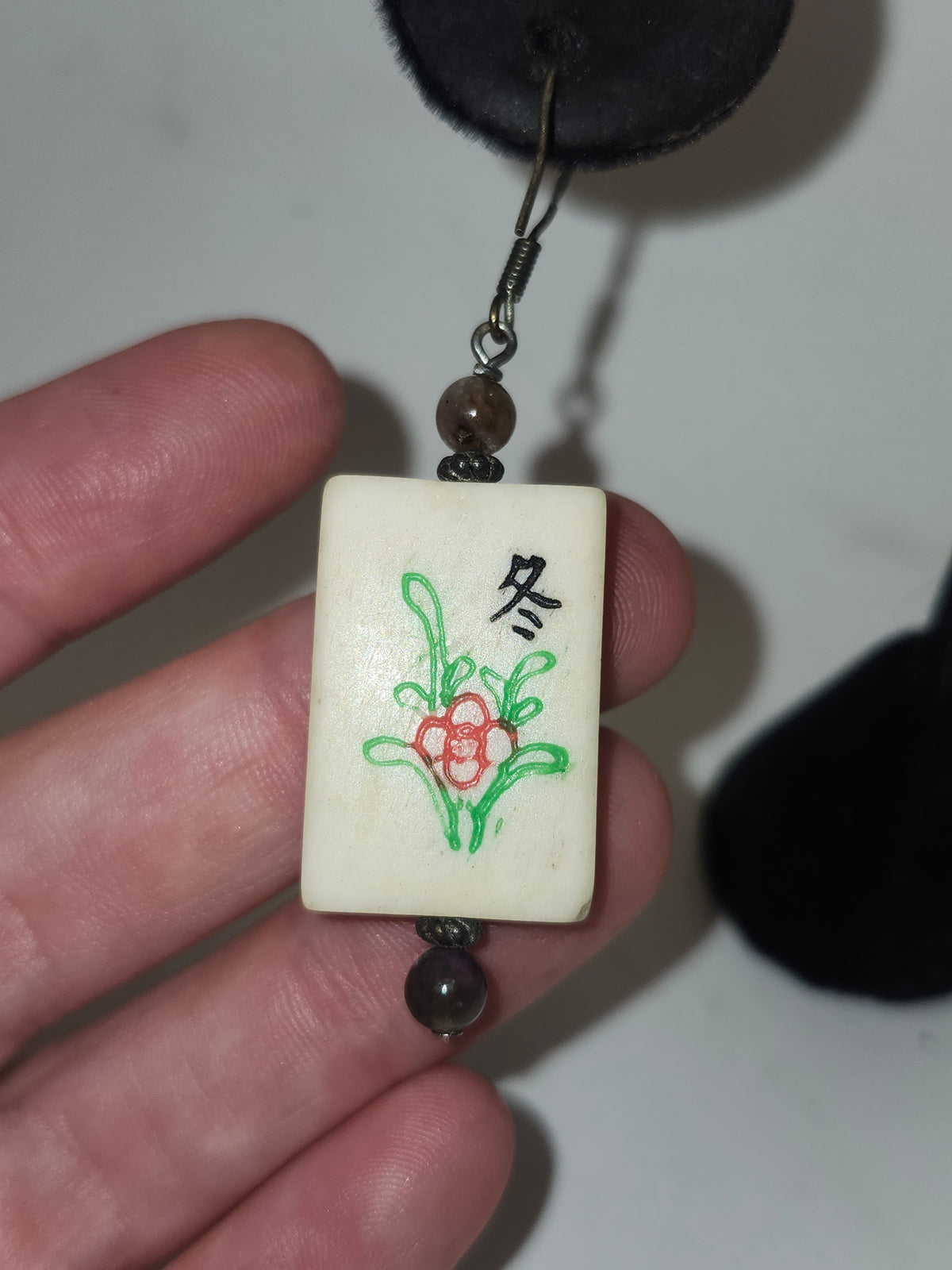 -925- Sterling, Gemstone & Carved Bone Mah Jong Tile Dangle Earrings