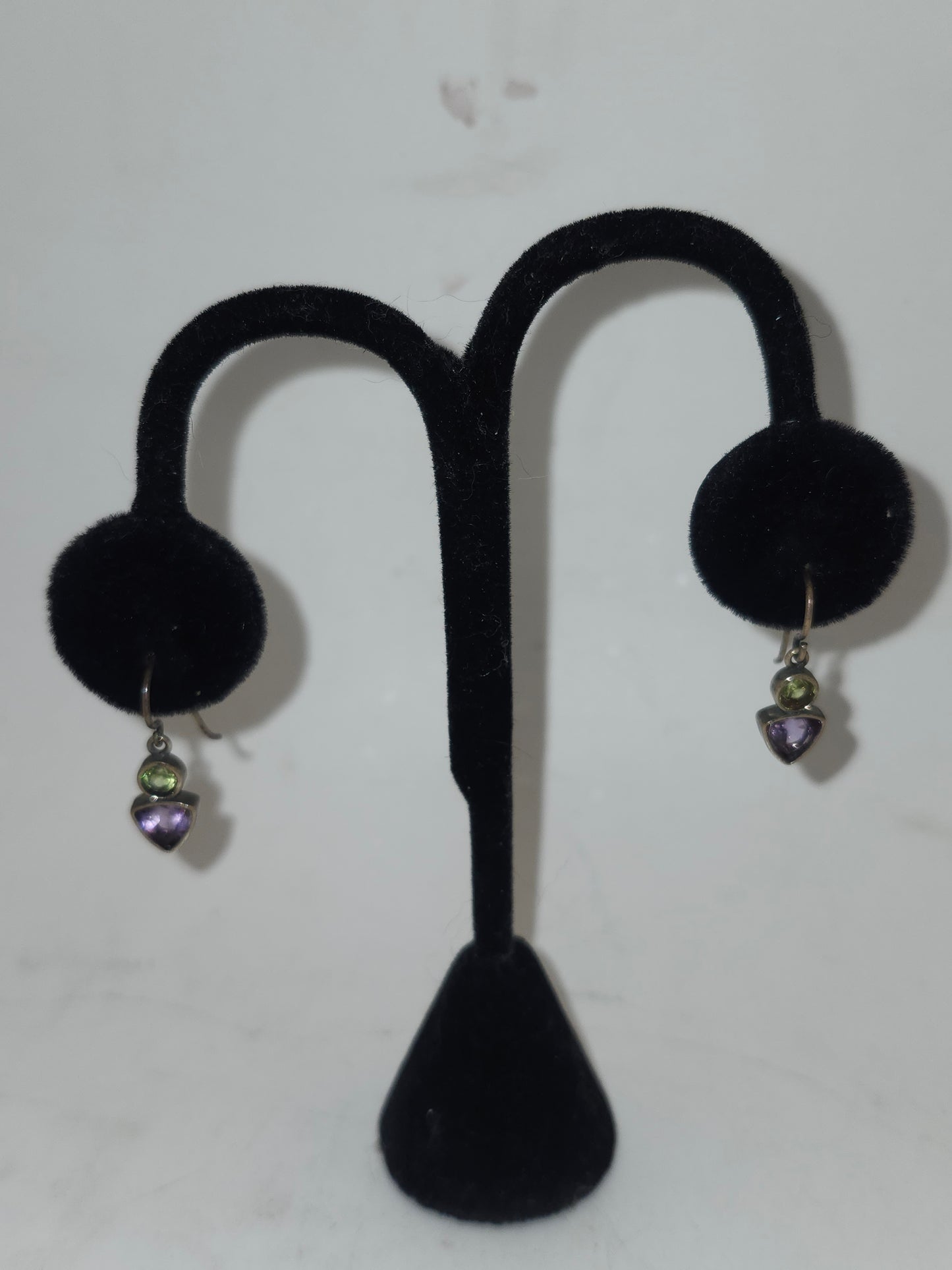 -925- Sterling Bezel-Set Amethyst & Peridot Dangle Earrings
