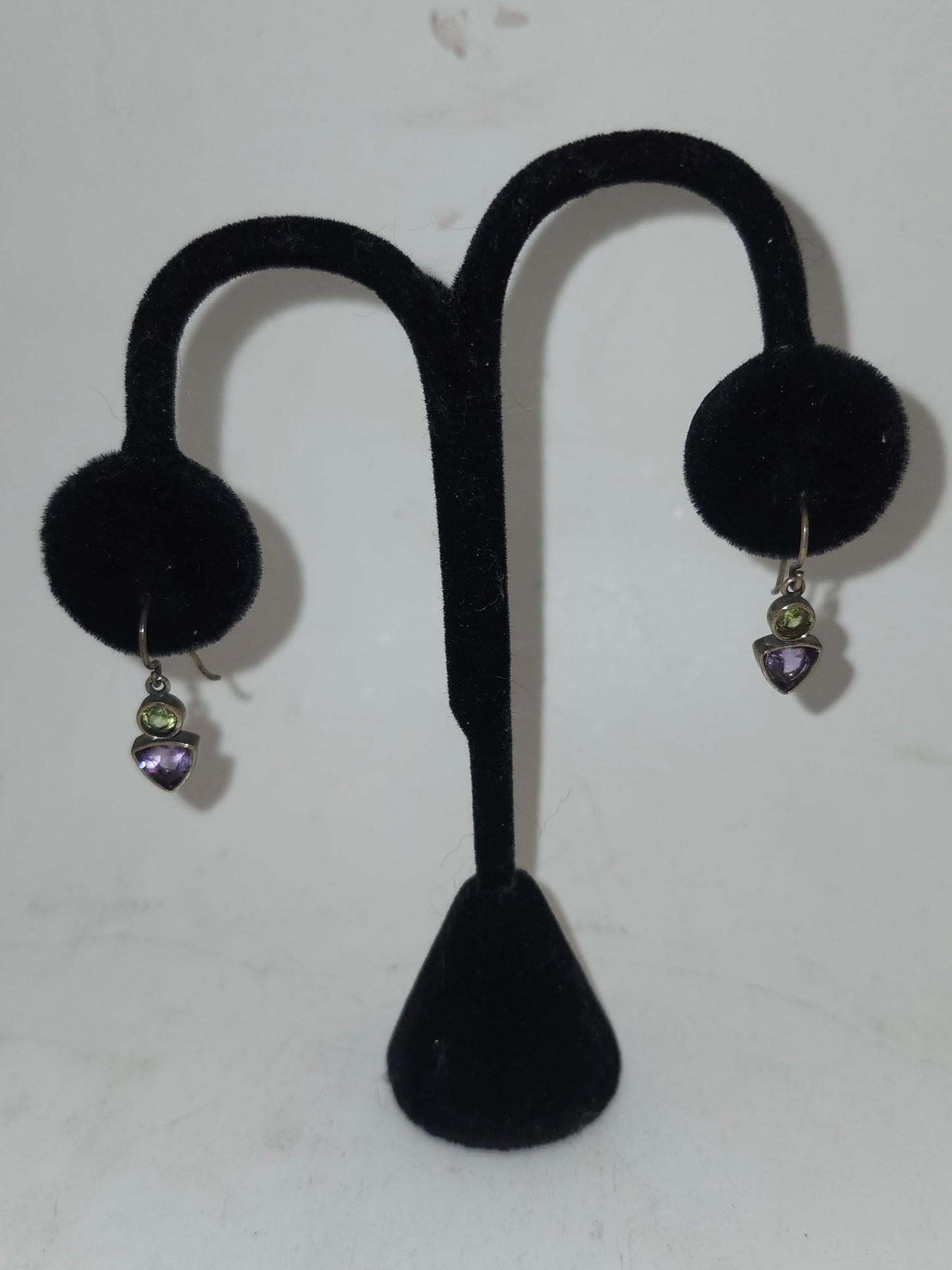 -925- Sterling Bezel-Set Amethyst & Peridot Dangle Earrings