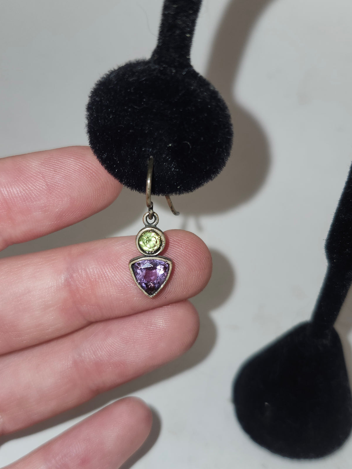-925- Sterling Bezel-Set Amethyst & Peridot Dangle Earrings