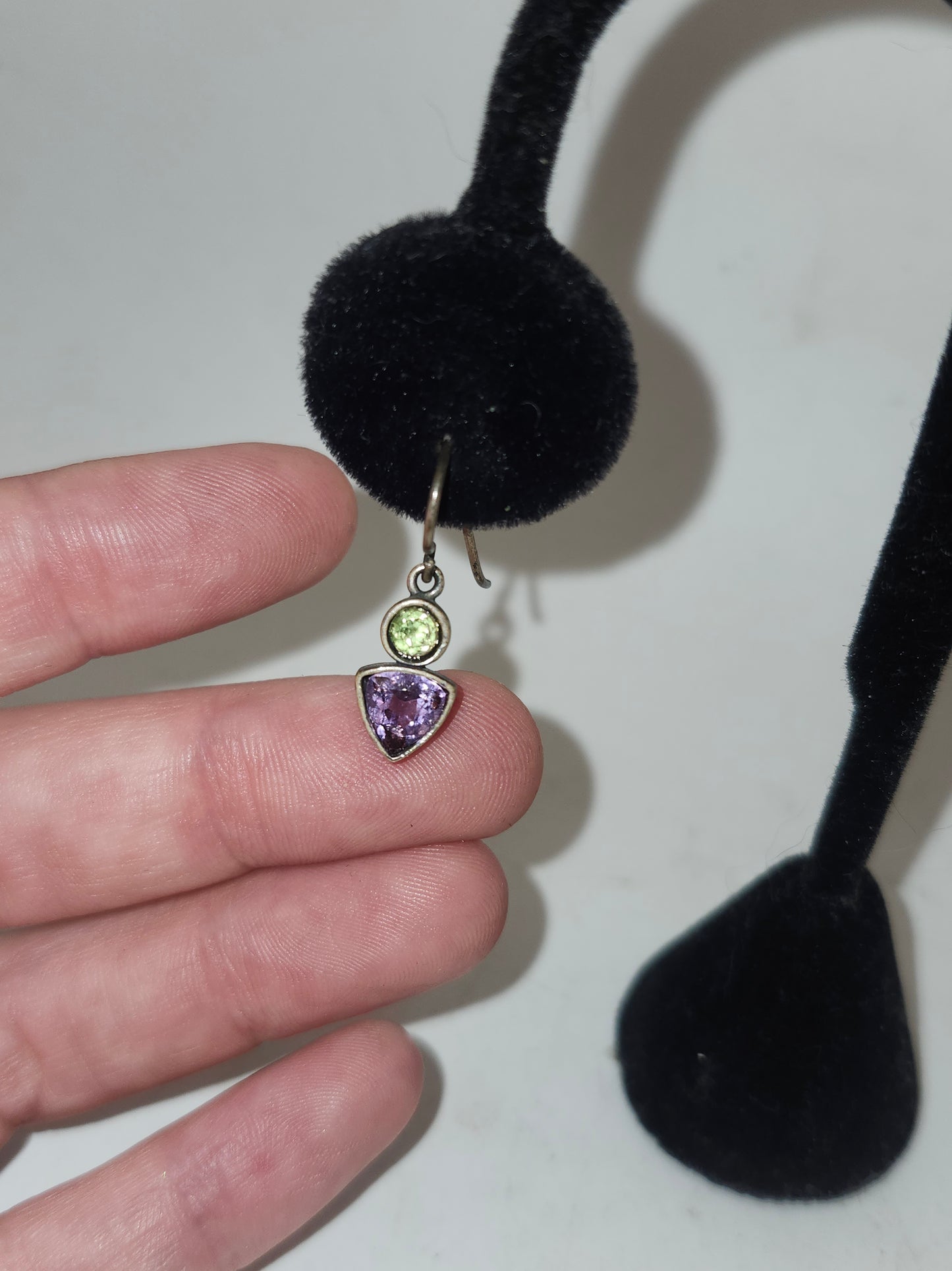 -925- Sterling Bezel-Set Amethyst & Peridot Dangle Earrings