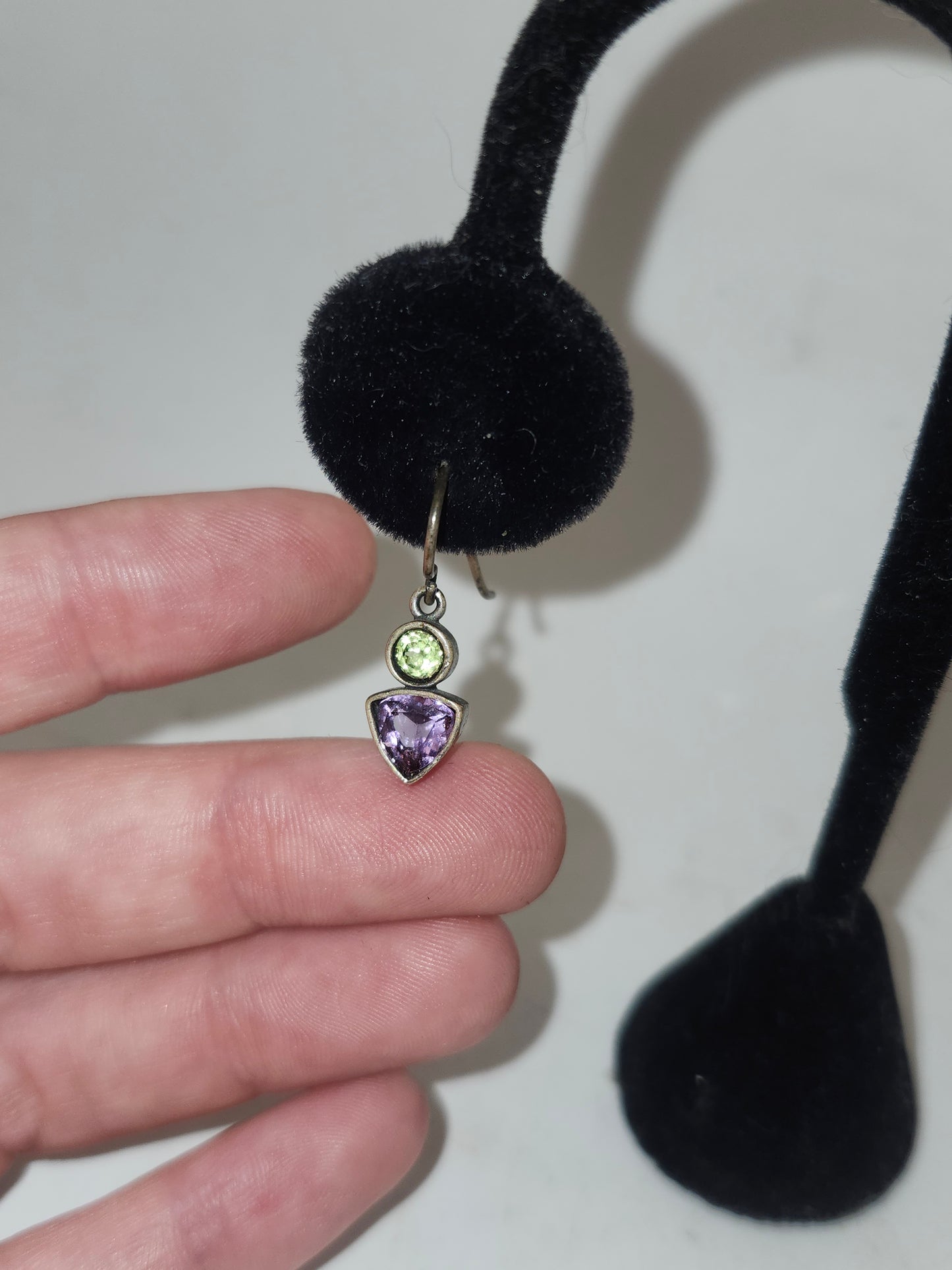 -925- Sterling Bezel-Set Amethyst & Peridot Dangle Earrings
