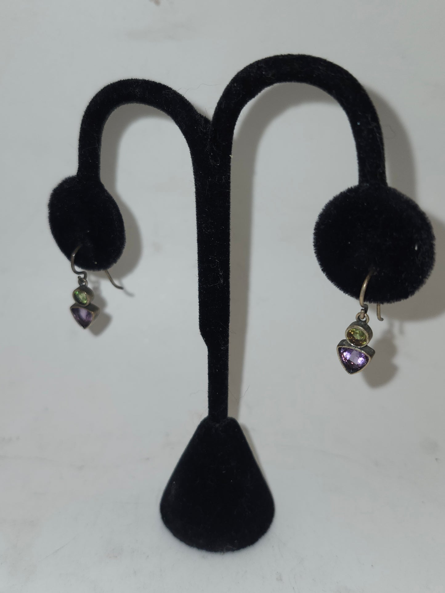 -925- Sterling Bezel-Set Amethyst & Peridot Dangle Earrings