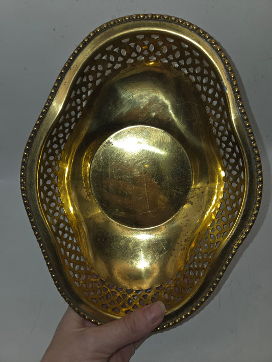 -Vintage- Brass Pierced Lattice Oval Vessel