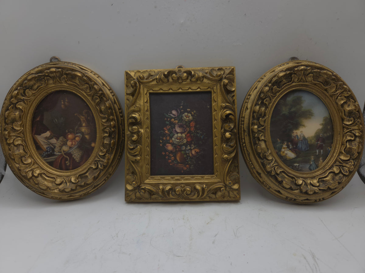 -Vintage- Gilded Wooden Framed Trio of Antique Art Prints