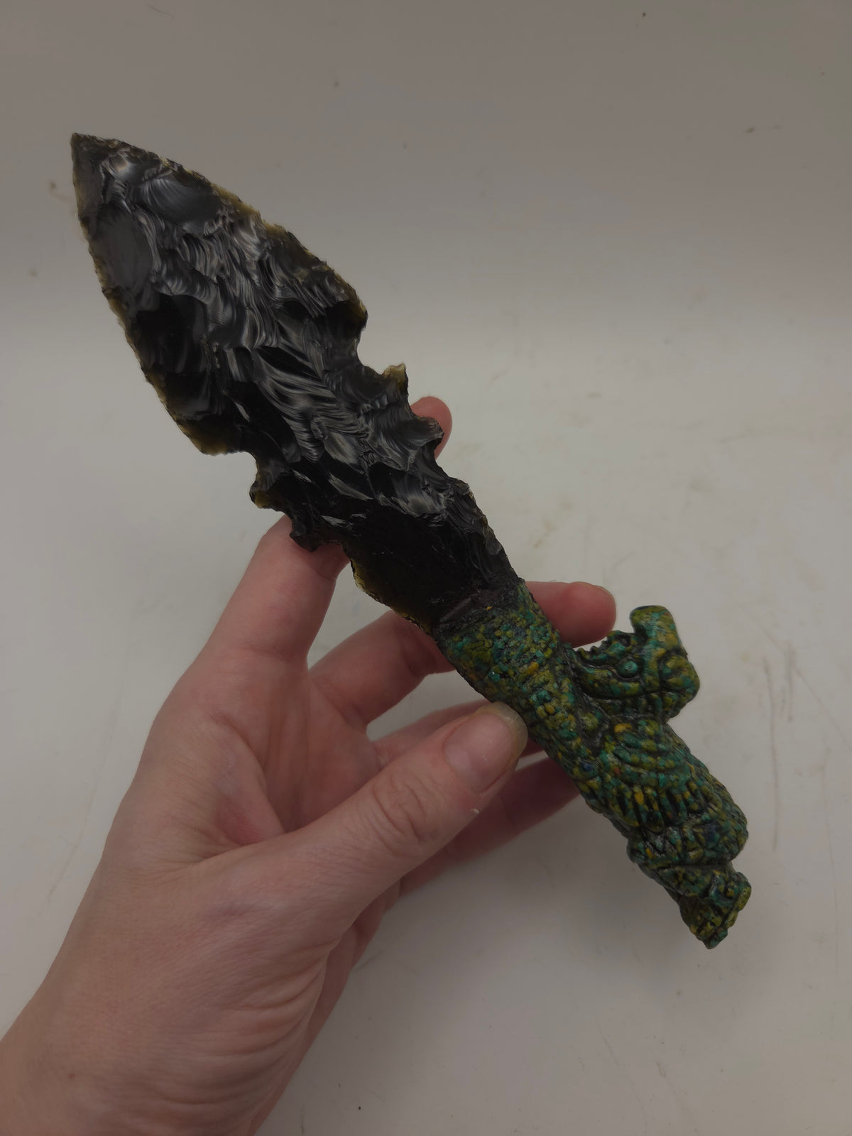 -Vintage- Tourist Aztec Obsidian Blade with Composite Malachite Resin Sculptural Handle