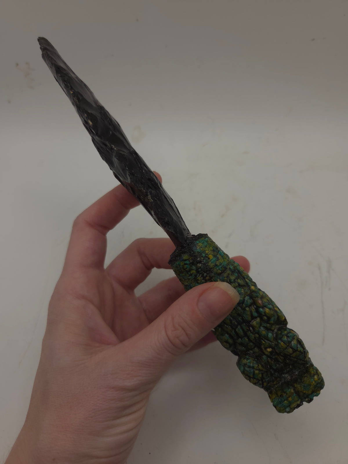 -Vintage- Tourist Aztec Obsidian Blade with Composite Malachite Resin Sculptural Handle