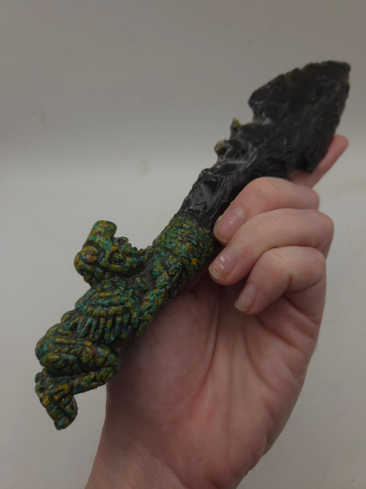 -Vintage- Tourist Aztec Obsidian Blade with Composite Malachite Resin Sculptural Handle
