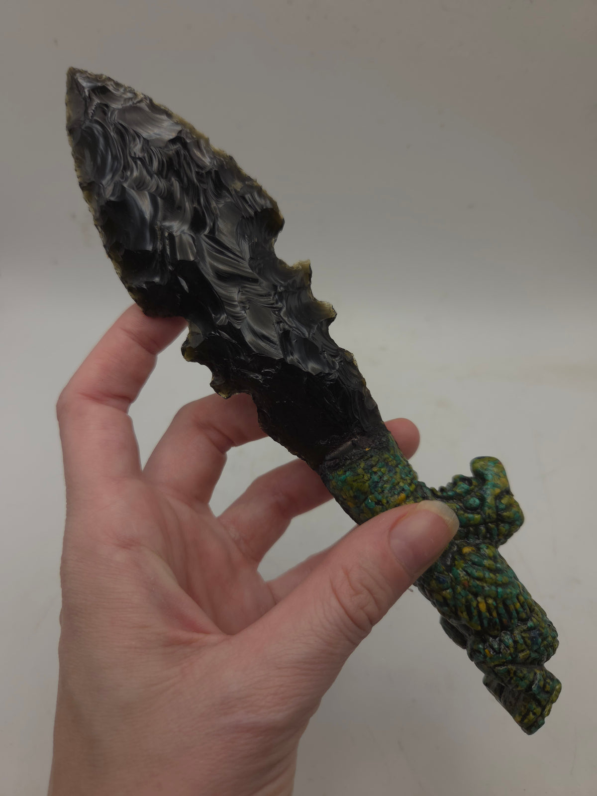 -Vintage- Tourist Aztec Obsidian Blade with Composite Malachite Resin Sculptural Handle
