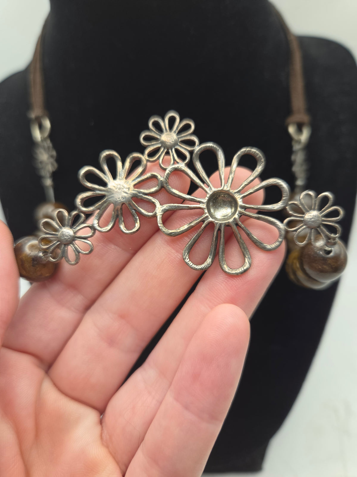 *925* Sterling & Gemstone Taxco Mexican Floral Statement Necklace