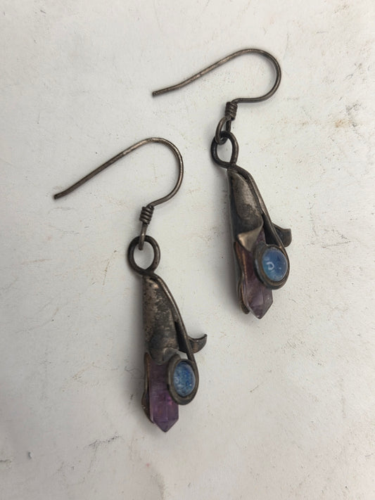 *925* Sterling & Gemstone Floral Figural Dangle Earrings
