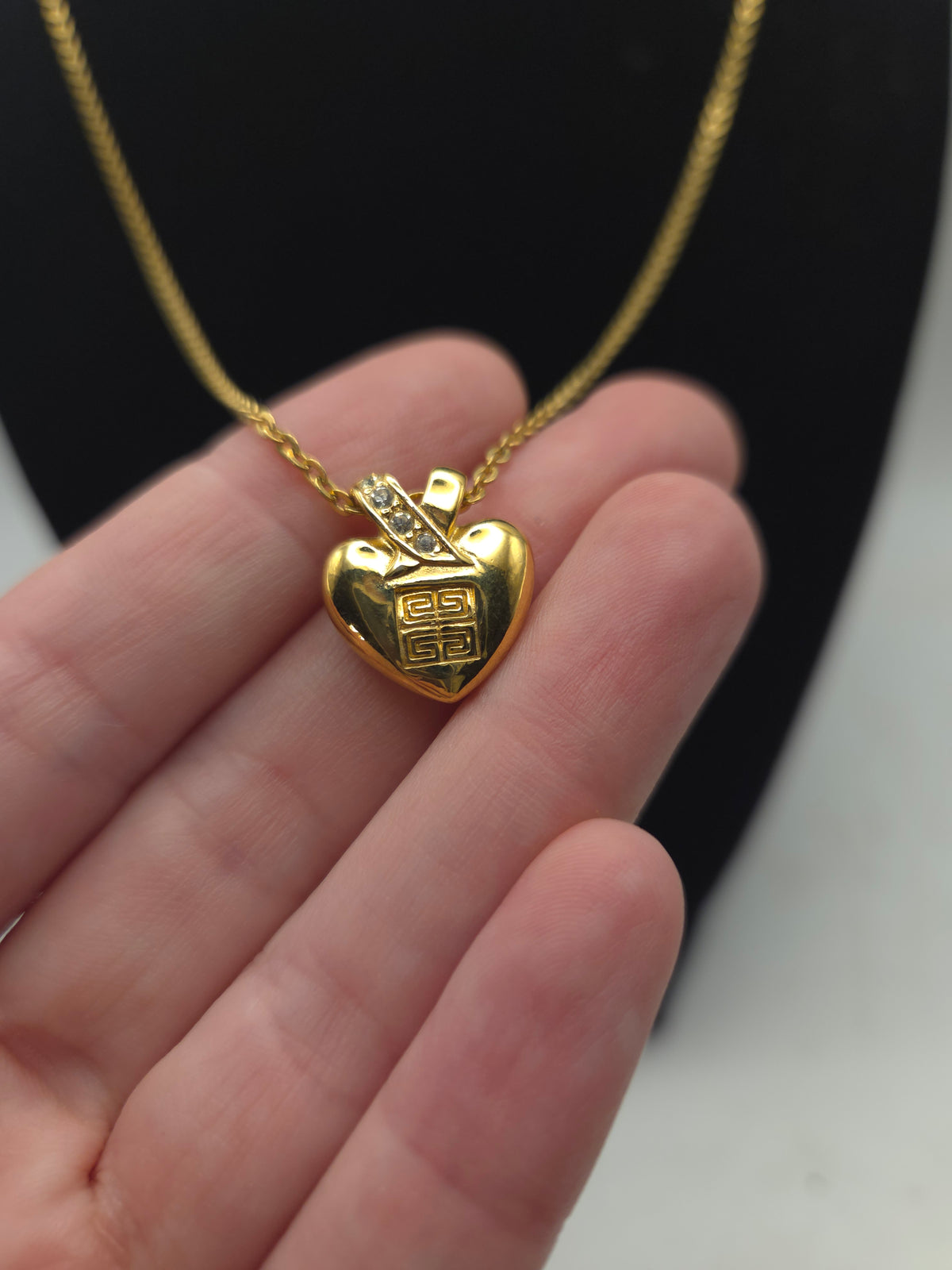 *Givenchy* Vintage Rhinestone Heart Logo Pendant on Gold Chain