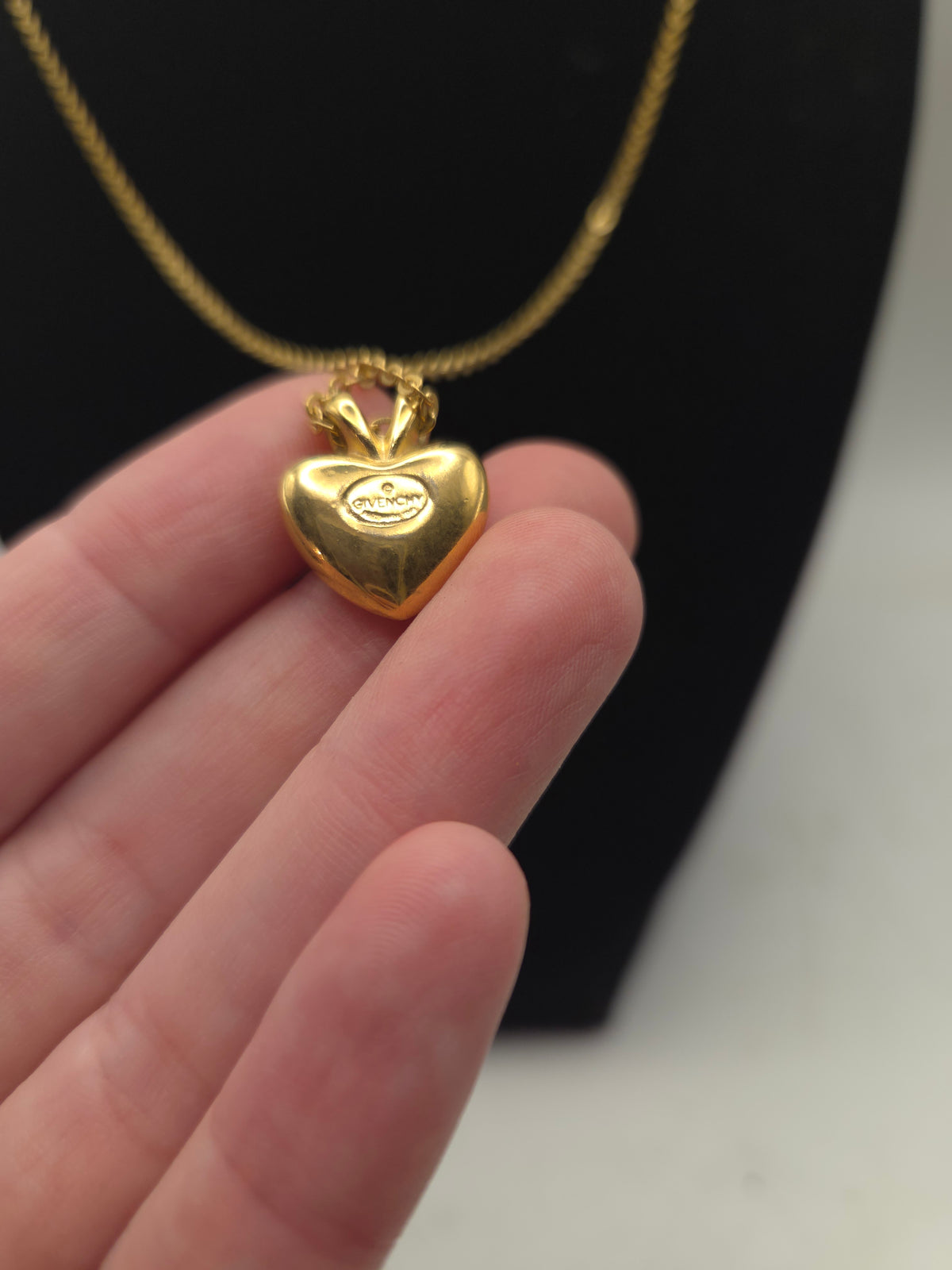 *Givenchy* Vintage Rhinestone Heart Logo Pendant on Gold Chain