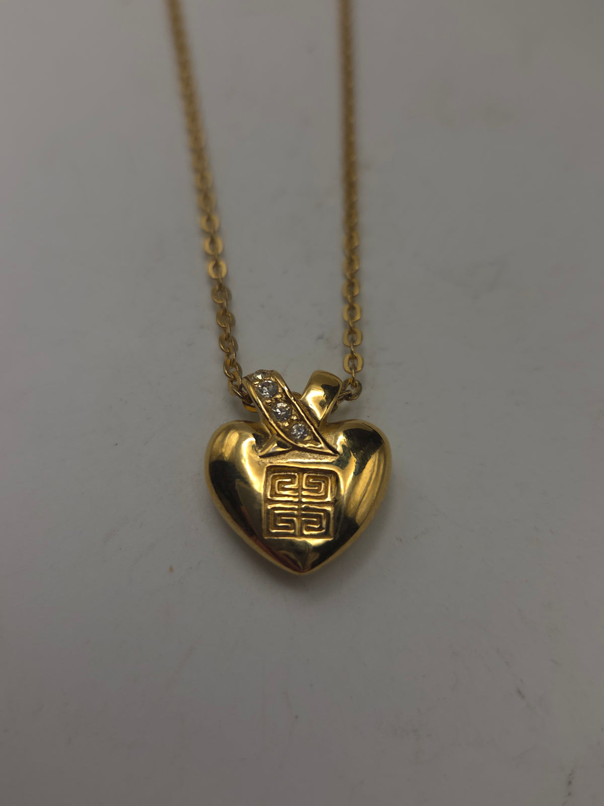 *Givenchy* Vintage Rhinestone Heart Logo Pendant on Gold Chain