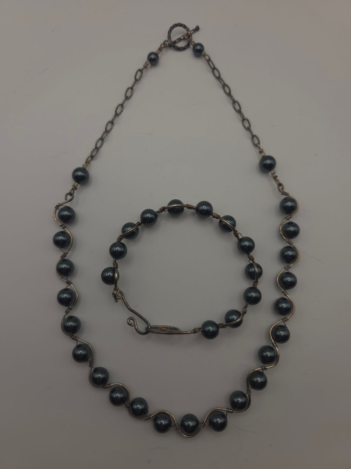 *925* Sterling & Black Pearl Matching Necklace & Bracelet Set